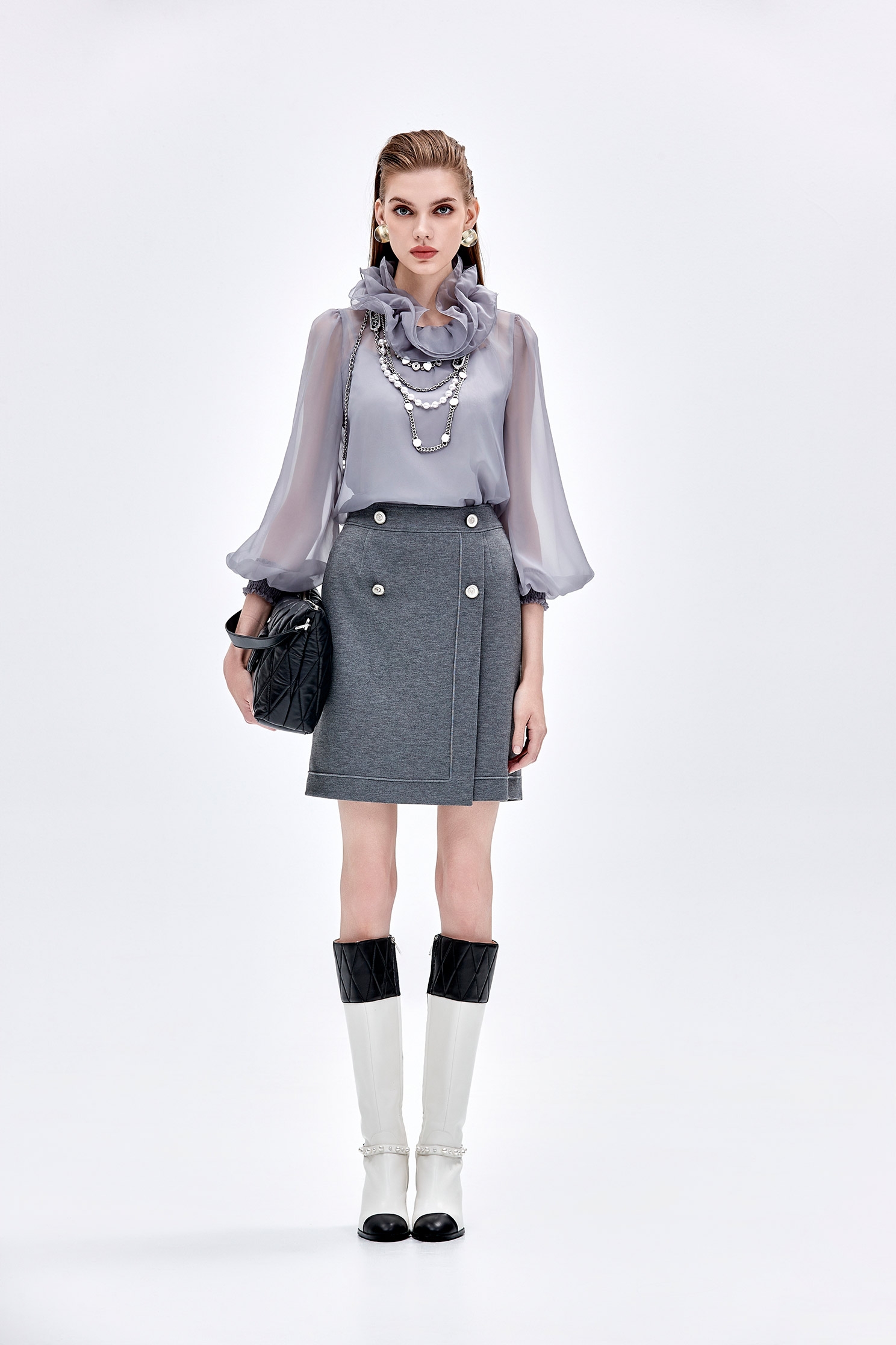 Ruffle Collar Grey Organza TopRuffle Collar Grey Organza Top,Tops,Under shirts,Season (AW) Look