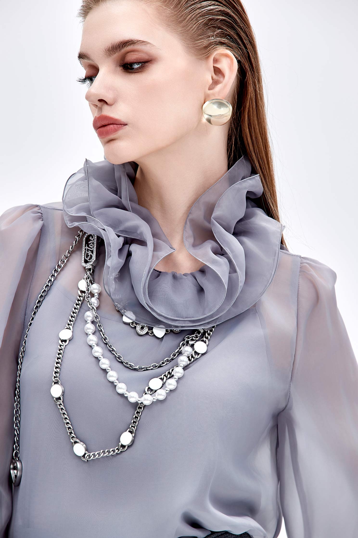 Ruffle Collar Grey Organza TopRuffle Collar Grey Organza Top,Tops,Under shirts,Season (AW) Look