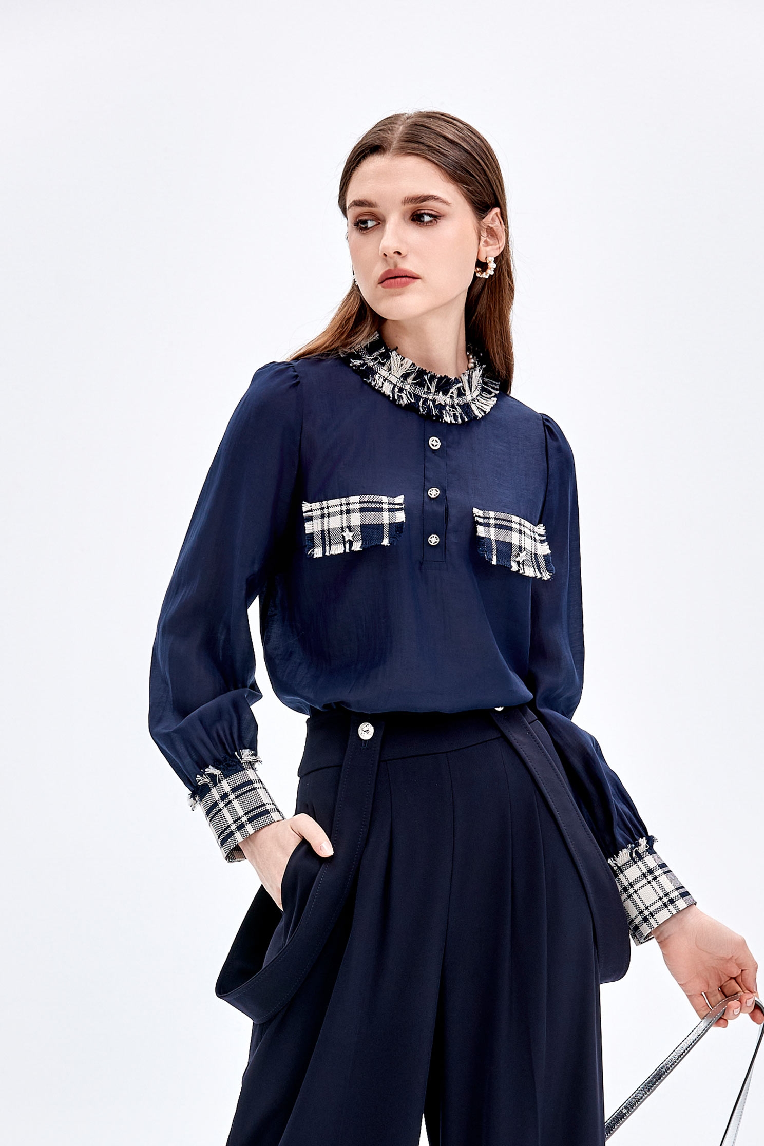 Navy Blouse With Checkered Trim DetailNavy Blouse With Checkered Trim Detail,Tops,Plaid,Season (AW) Look