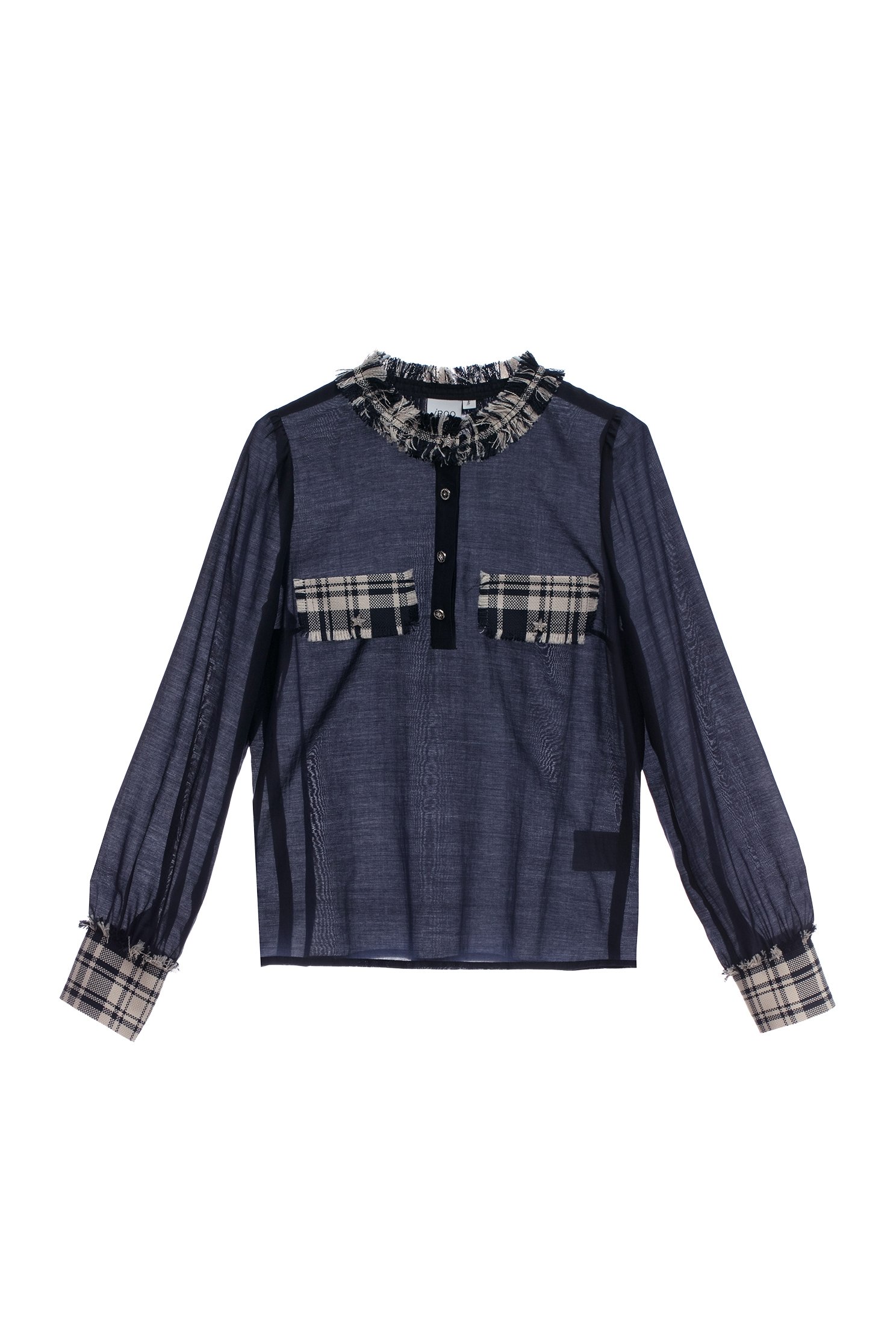 Navy Blouse With Checkered Trim DetailNavy Blouse With Checkered Trim Detail,Tops,Plaid,Season (AW) Look