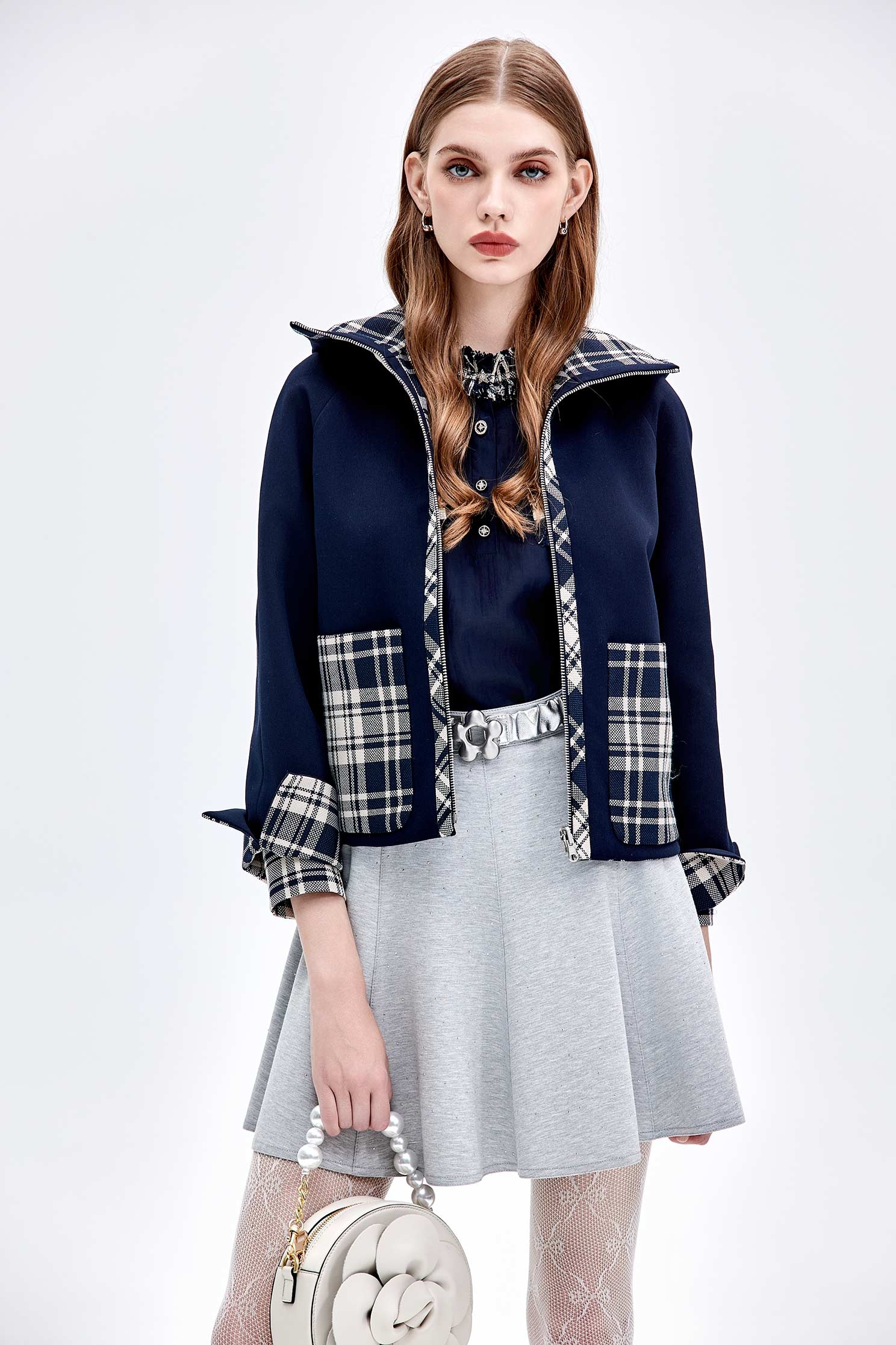 Navy Blouse With Checkered Trim DetailNavy Blouse With Checkered Trim Detail,Tops,Plaid,Season (AW) Look