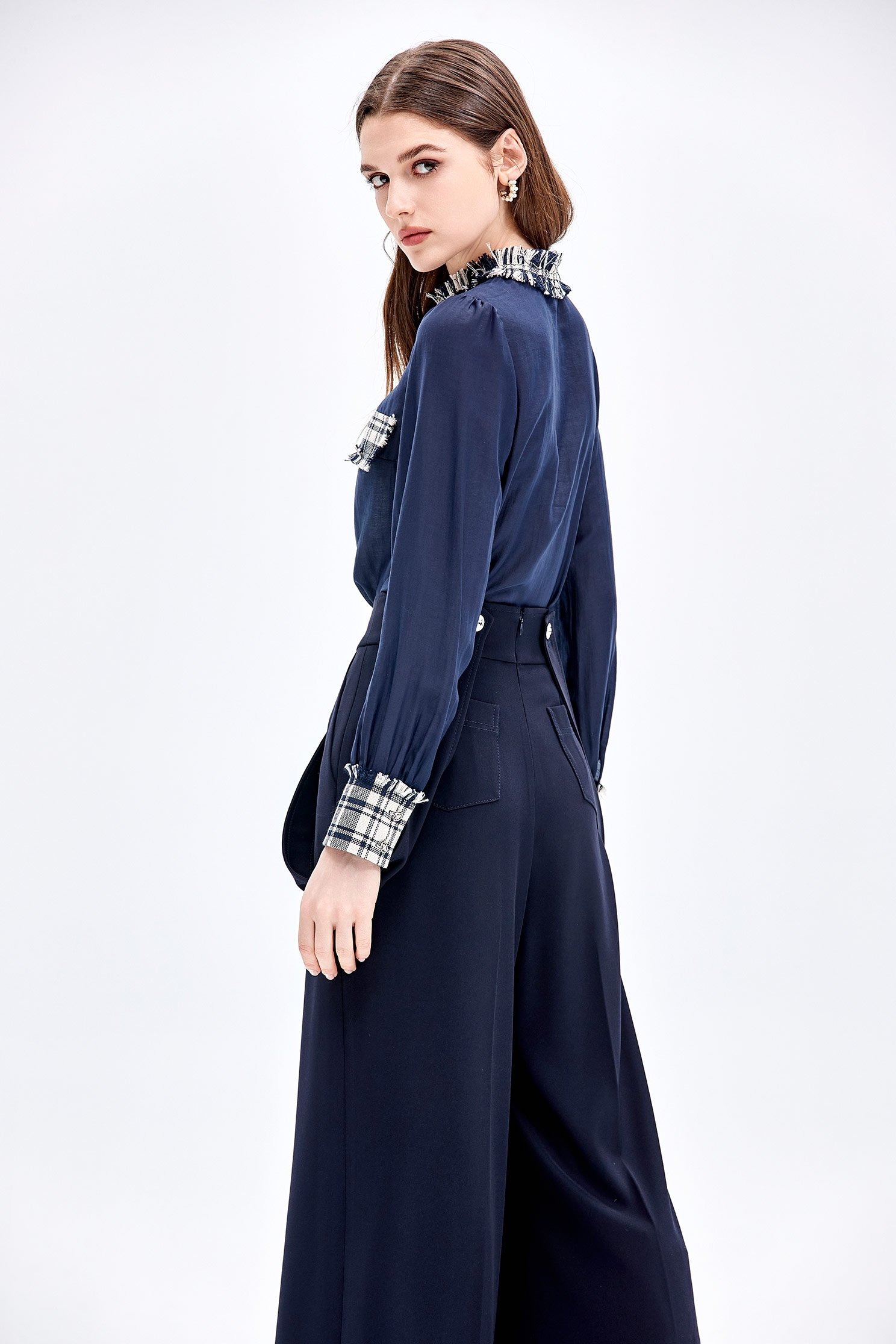 Navy Blouse With Checkered Trim DetailNavy Blouse With Checkered Trim Detail,Tops,Plaid,Season (AW) Look