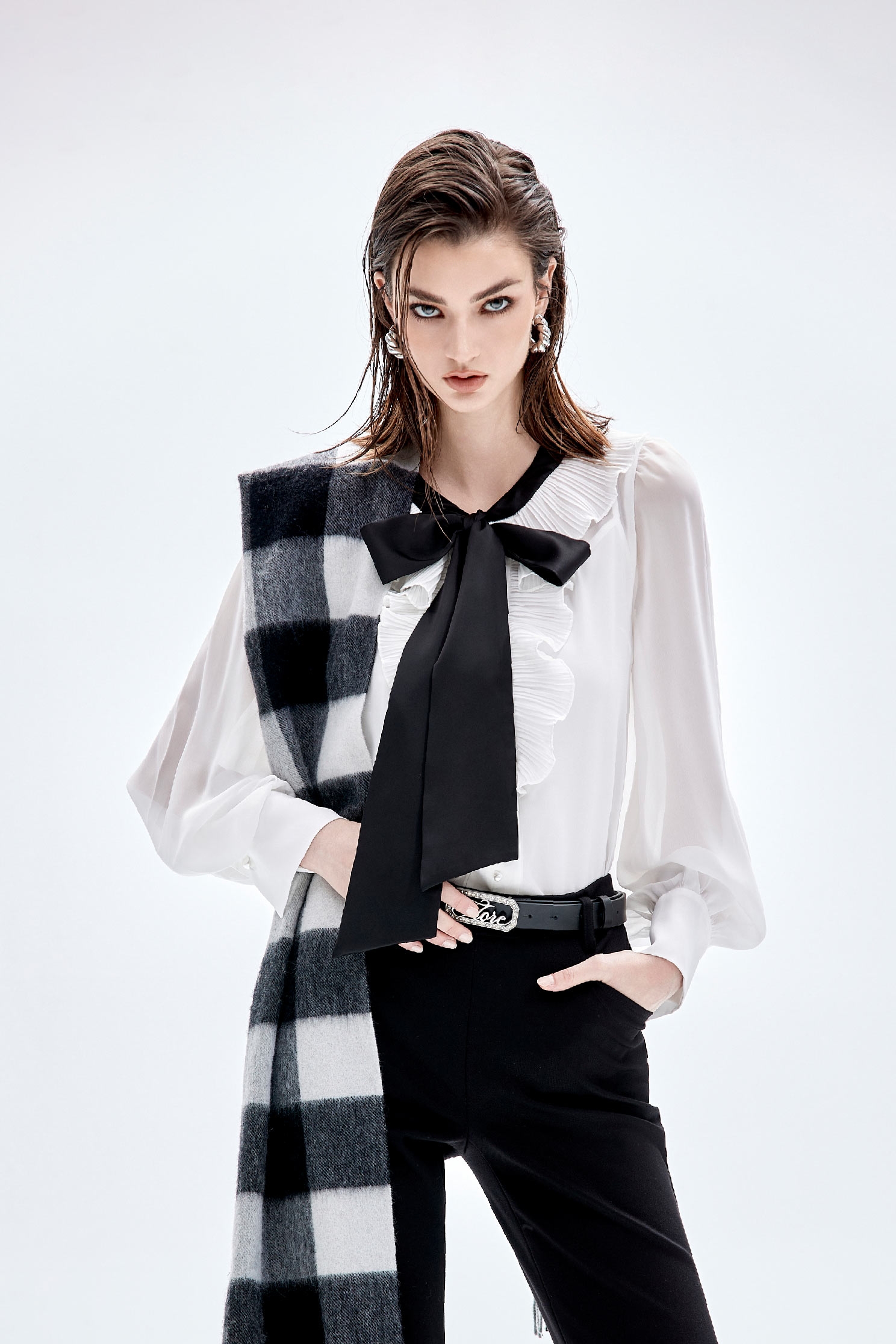 Pleated Ruffle Detail Blouse With Contrast Bow DetailPleated Ruffle Detail Blouse With Contrast Bow Detail,Tops,Under shirts,Season (AW) Look,sleeveless tops,Chiffon