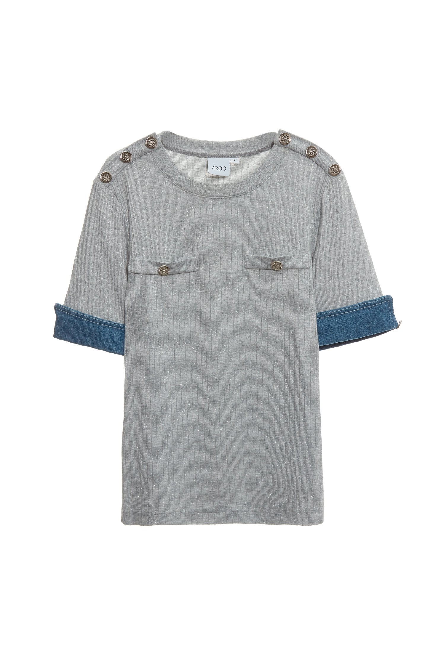 Short Sleeve Grey Top With Contrast Denim CuffShort Sleeve Grey Top With Contrast Denim Cuff,Tops,Stripe,Denim,Short sleeve tops,Season (AW) Look