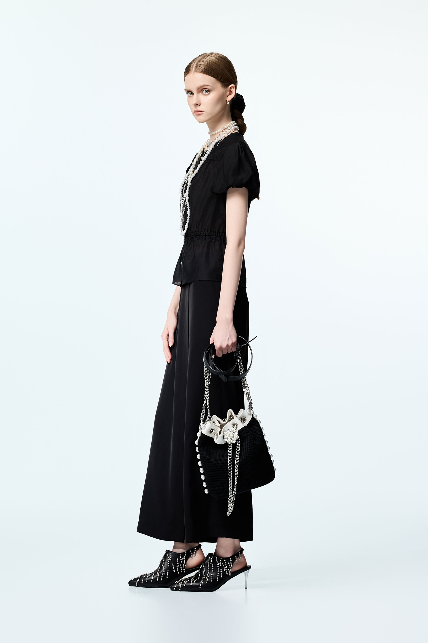 Button Front Puff Sleeve TopButton Front Puff Sleeve Top,Tops,pearl,Season (AW) Look,black tops