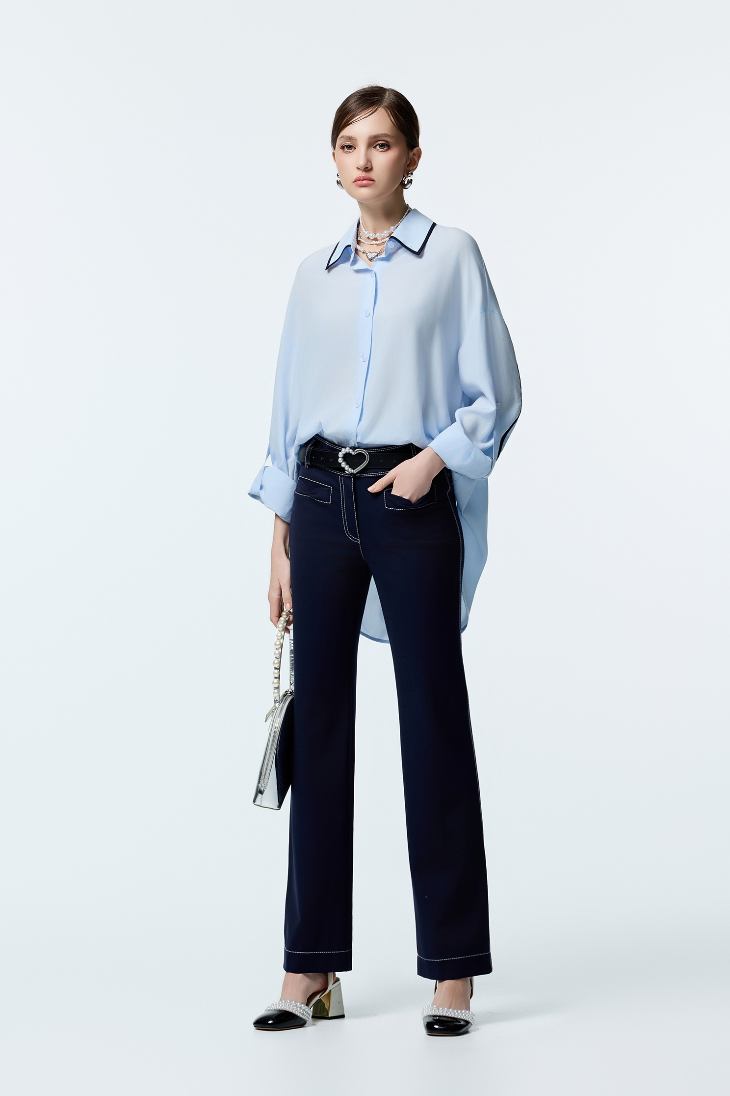 Light Blue Loose Fit Blouse With Contrast Navy Trim DetailLight Blue Loose Fit Blouse With Contrast Navy Trim Detail,Office Looks,Tops,Season (AW) Look,Blouses