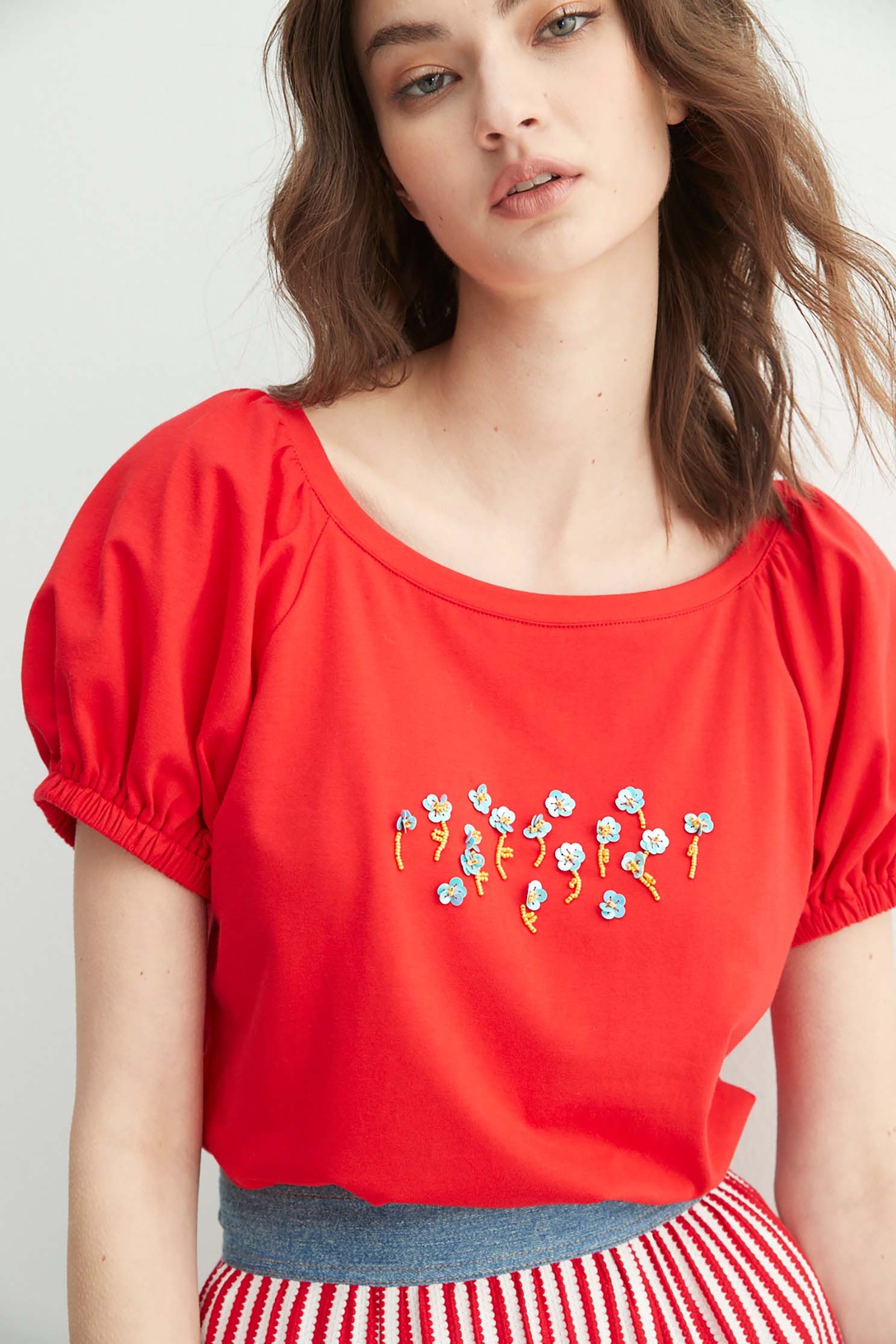 Puff Sleeve Top With Floral Sequin DetailT-shirt top with handmade beaded flower,T-shirts,T-shirts,Tops,Season (SS) Look