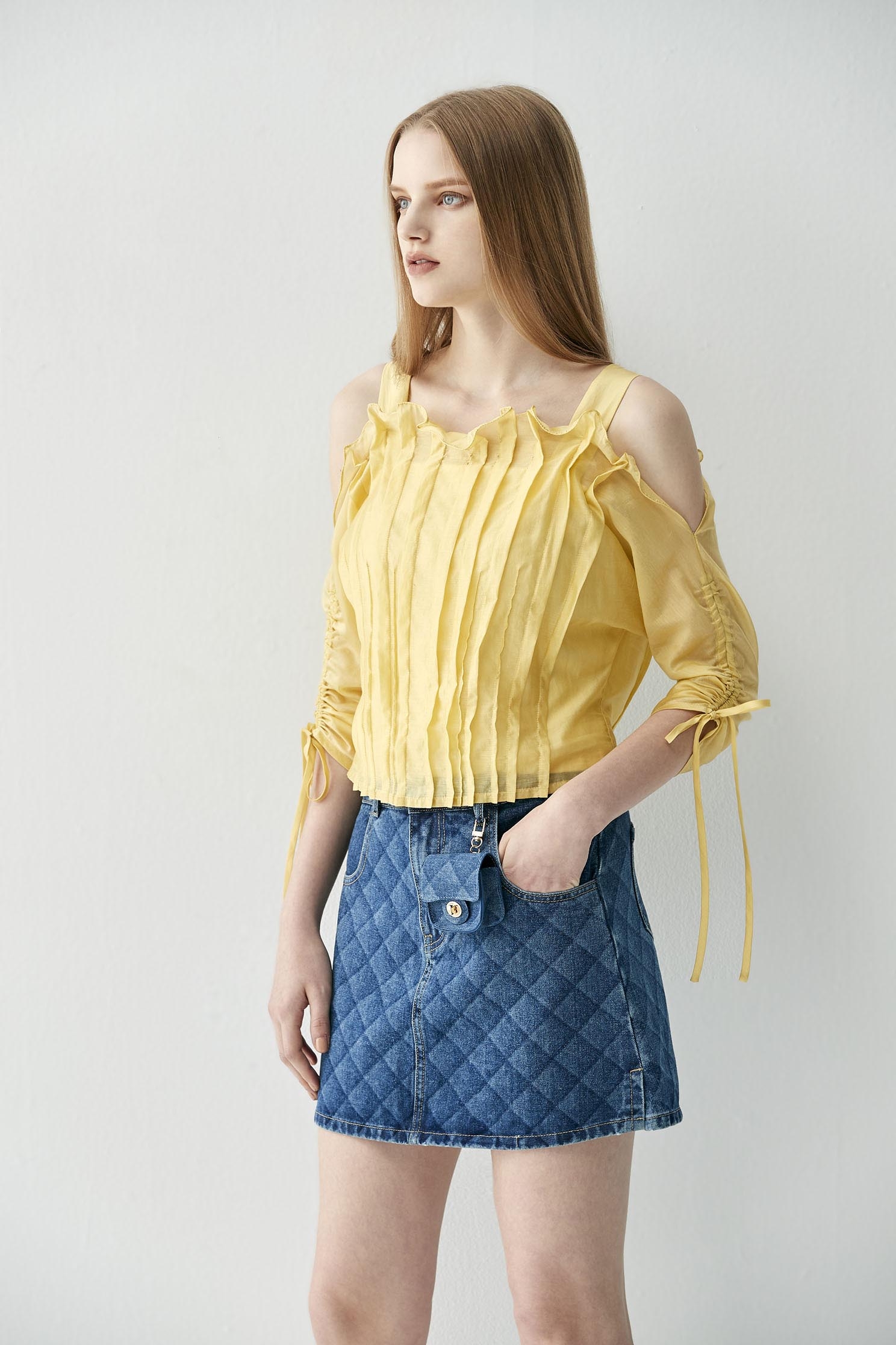 Cold Shoulder Pleated Yellow TopTop with waist cincher design,T-shirts,Tops,Season (SS) Look