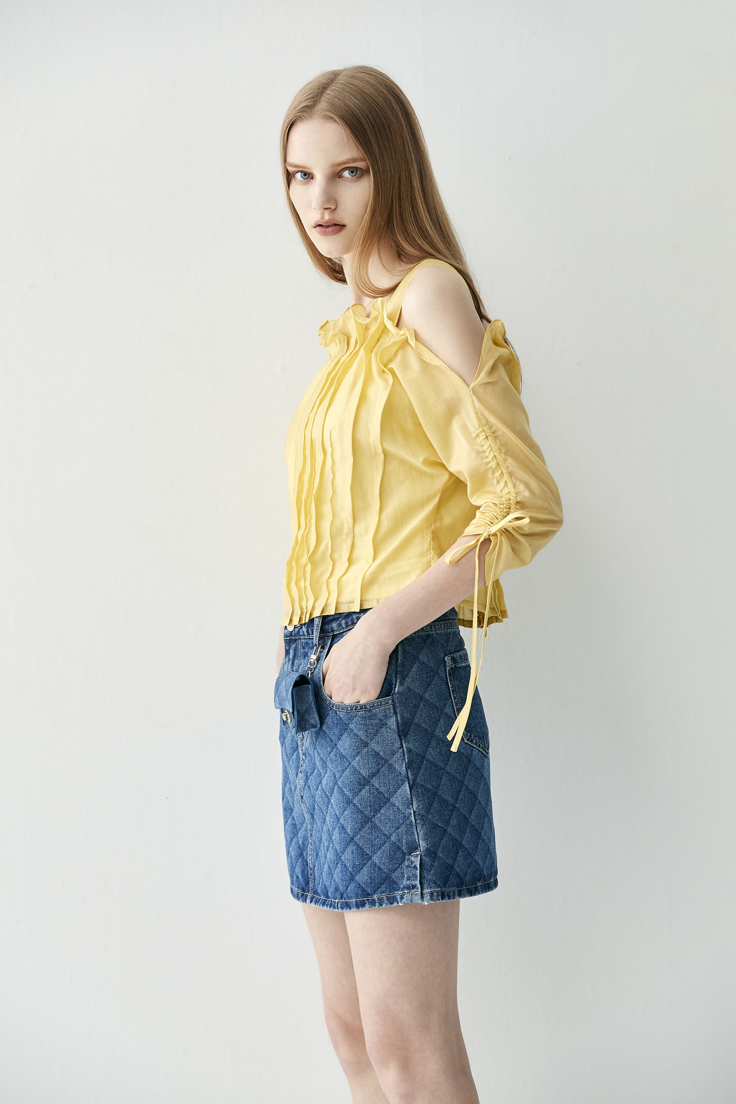 Cold Shoulder Pleated Yellow TopTop with waist cincher design,T-shirts,Tops,Season (SS) Look