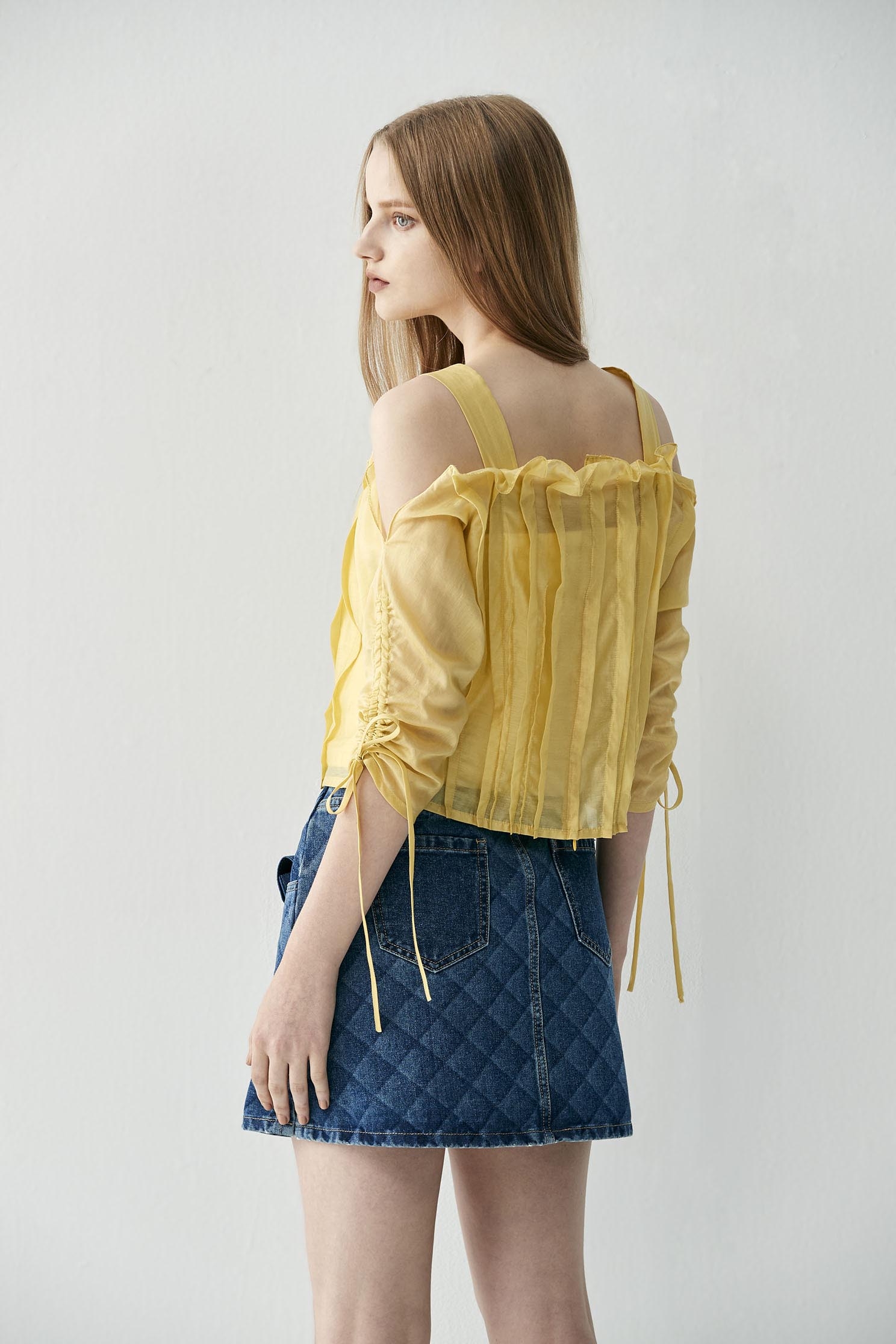 Cold Shoulder Pleated Yellow TopTop with waist cincher design,T-shirts,Tops,Season (SS) Look