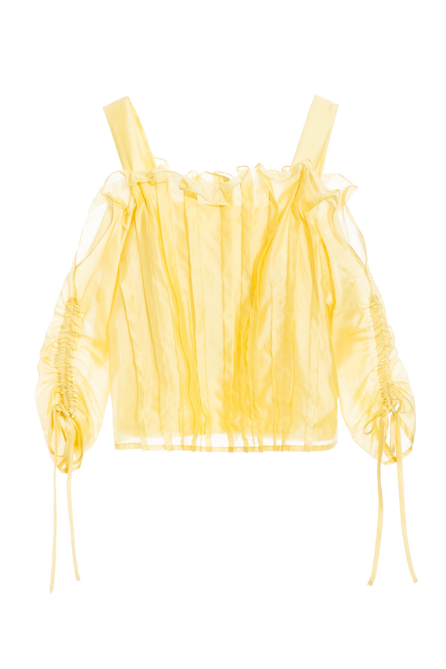 Cold Shoulder Pleated Yellow TopTop with waist cincher design,T-shirts,Tops,Season (SS) Look