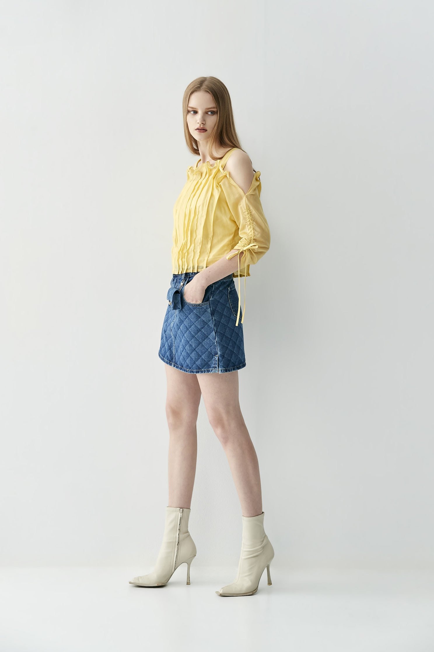 Cold Shoulder Pleated Yellow TopTop with waist cincher design,T-shirts,Tops,Season (SS) Look