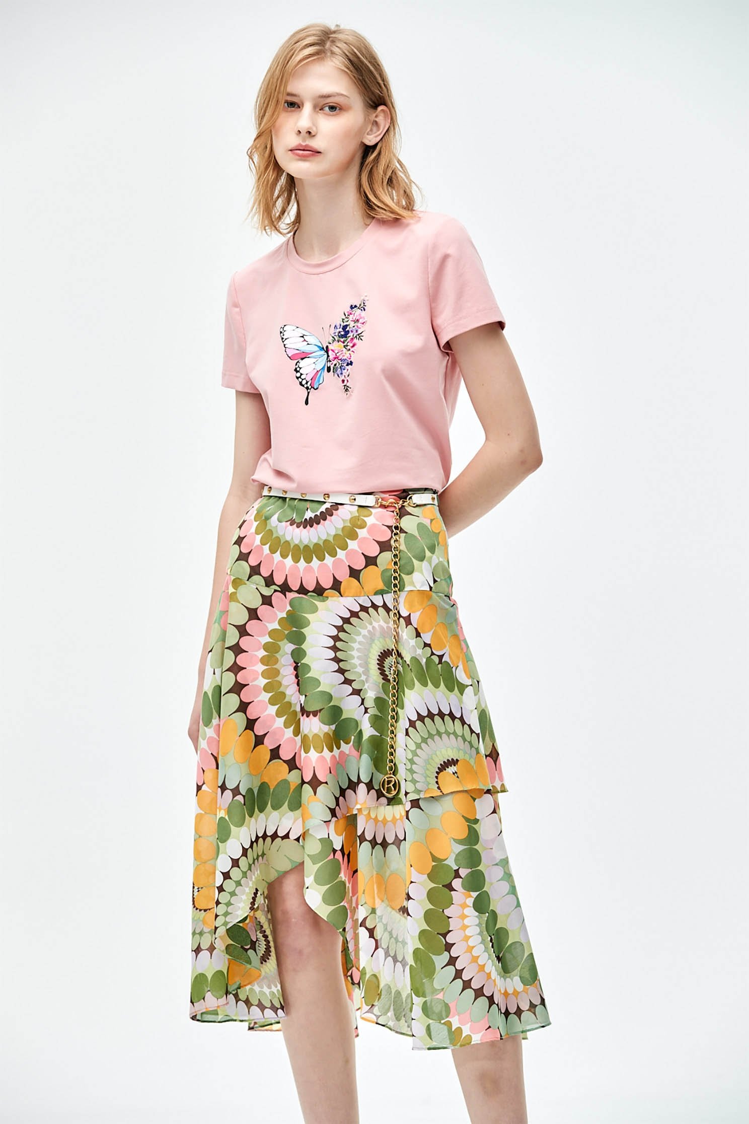 Basic Pink Graphic TeeT-shirt top with floral and butterfly embroidery,T-shirts,T-shirts,Tops,Embroidered,Season (SS) Look