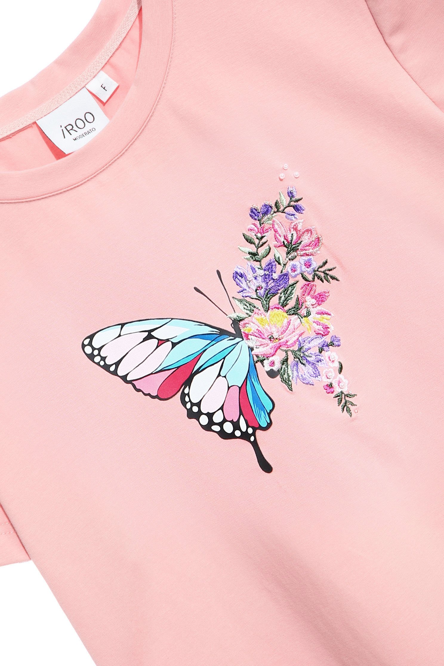 Basic Pink Graphic TeeT-shirt top with floral and butterfly embroidery,T-shirts,T-shirts,Tops,Embroidered,Season (SS) Look