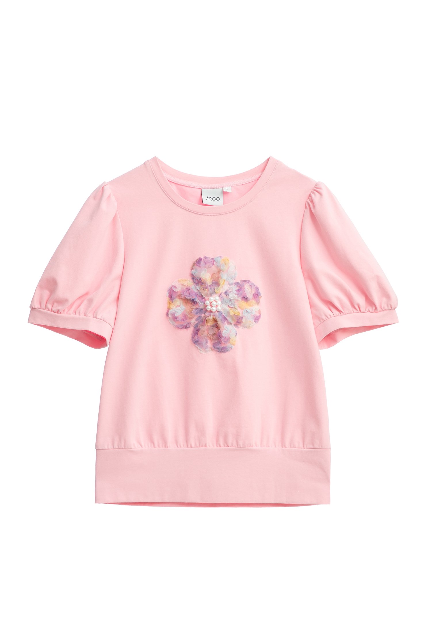 Puff Sleeve Tee With Front Floral DetailPuff Sleeve Tee With Front Floral Detail,T-shirts,Tops,Season (SS) Look,pearl