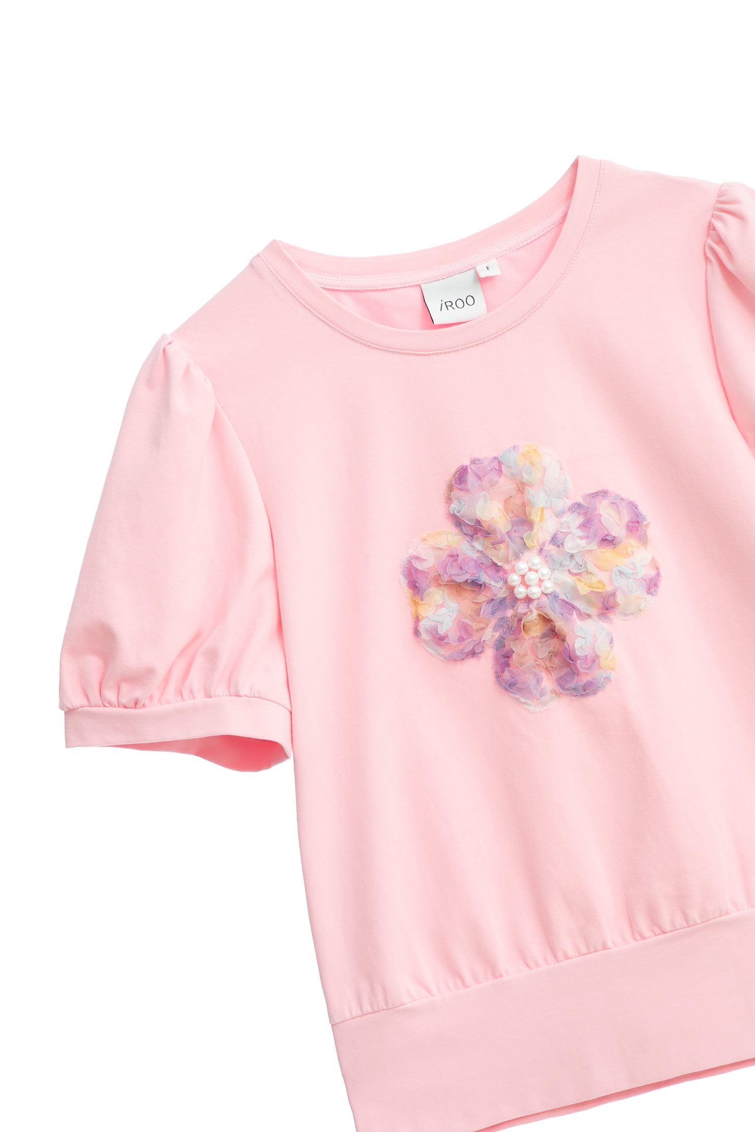 Puff Sleeve Tee With Front Floral DetailPuff Sleeve Tee With Front Floral Detail,T-shirts,Tops,Season (SS) Look,pearl