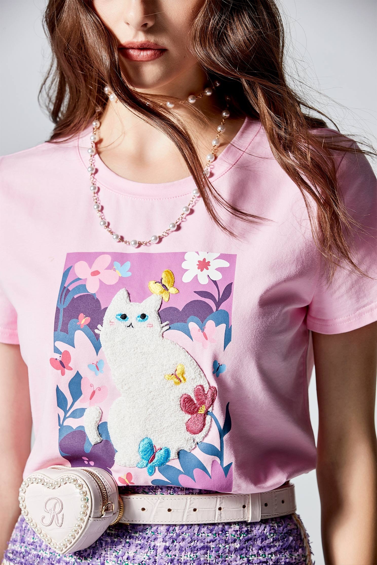 Cat Graphic Pink TeeCat Graphic Pink Tee,T-shirts,T-shirts,Tops,Embroidered,Season (SS) Look