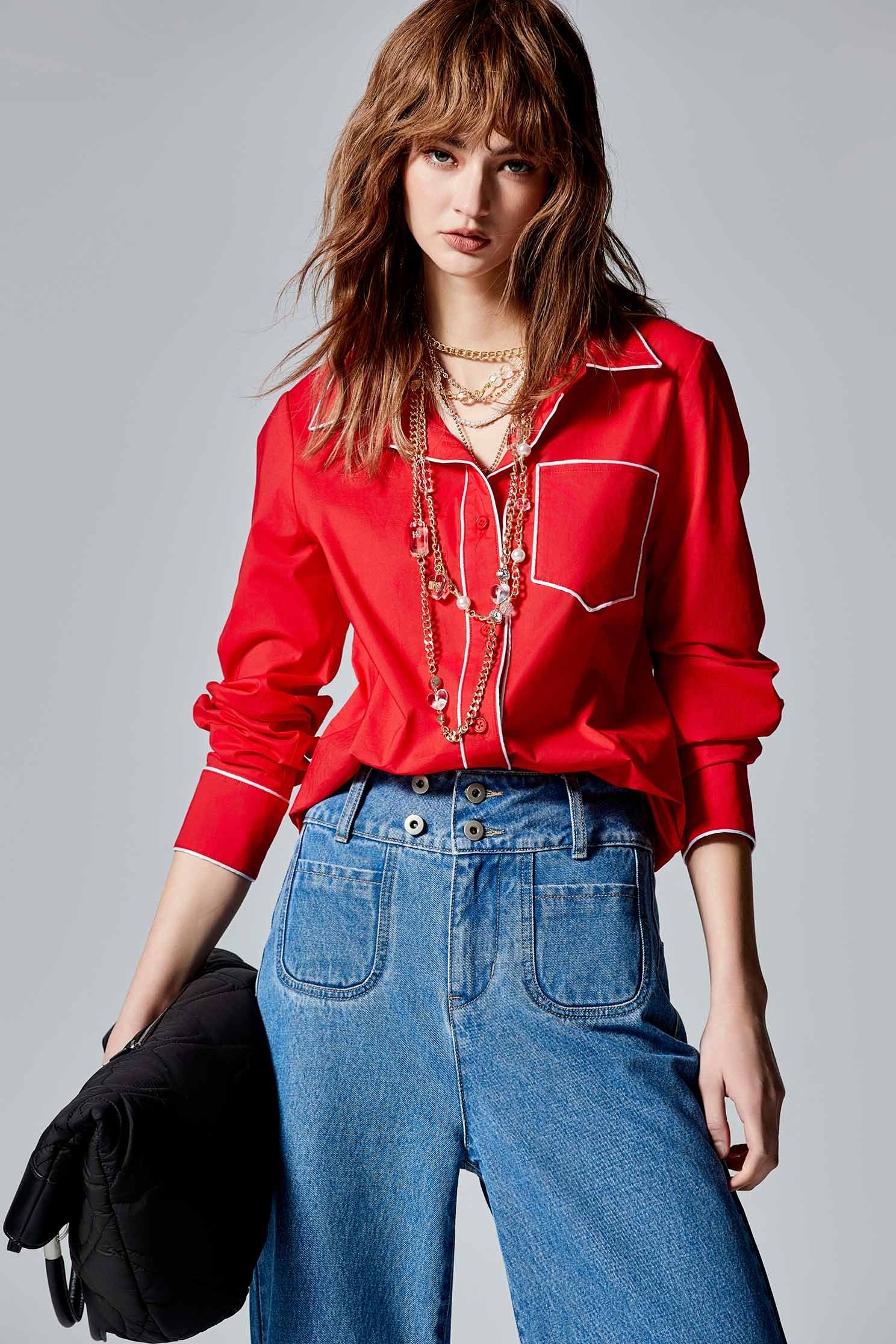 Red Blouse With Contrast White Trim DetailRed Blouse With Contrast White Trim Detail,Season (SS) Look,Blouses