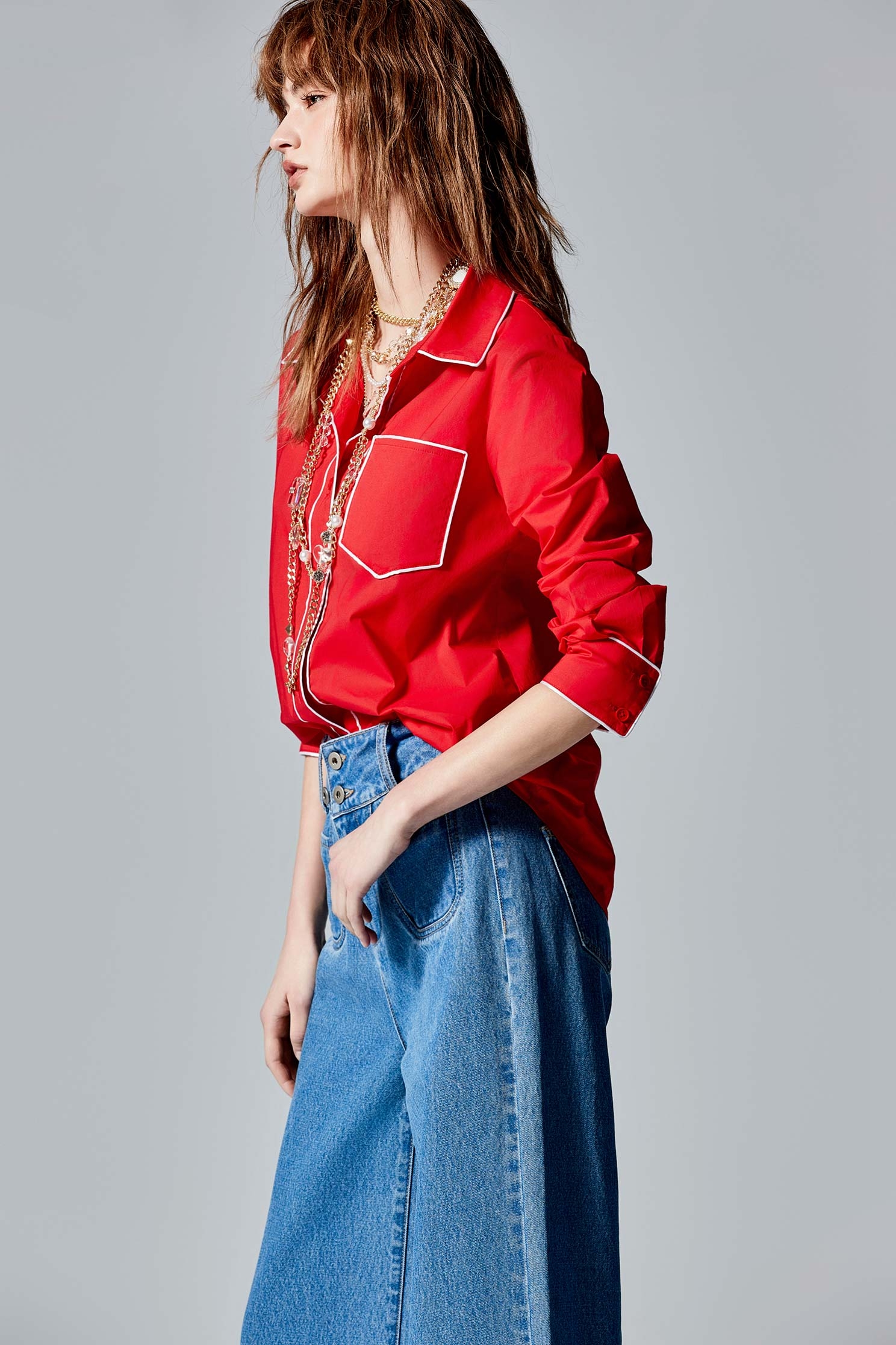 Red Blouse With Contrast White Trim DetailRed Blouse With Contrast White Trim Detail,Season (SS) Look,Blouses