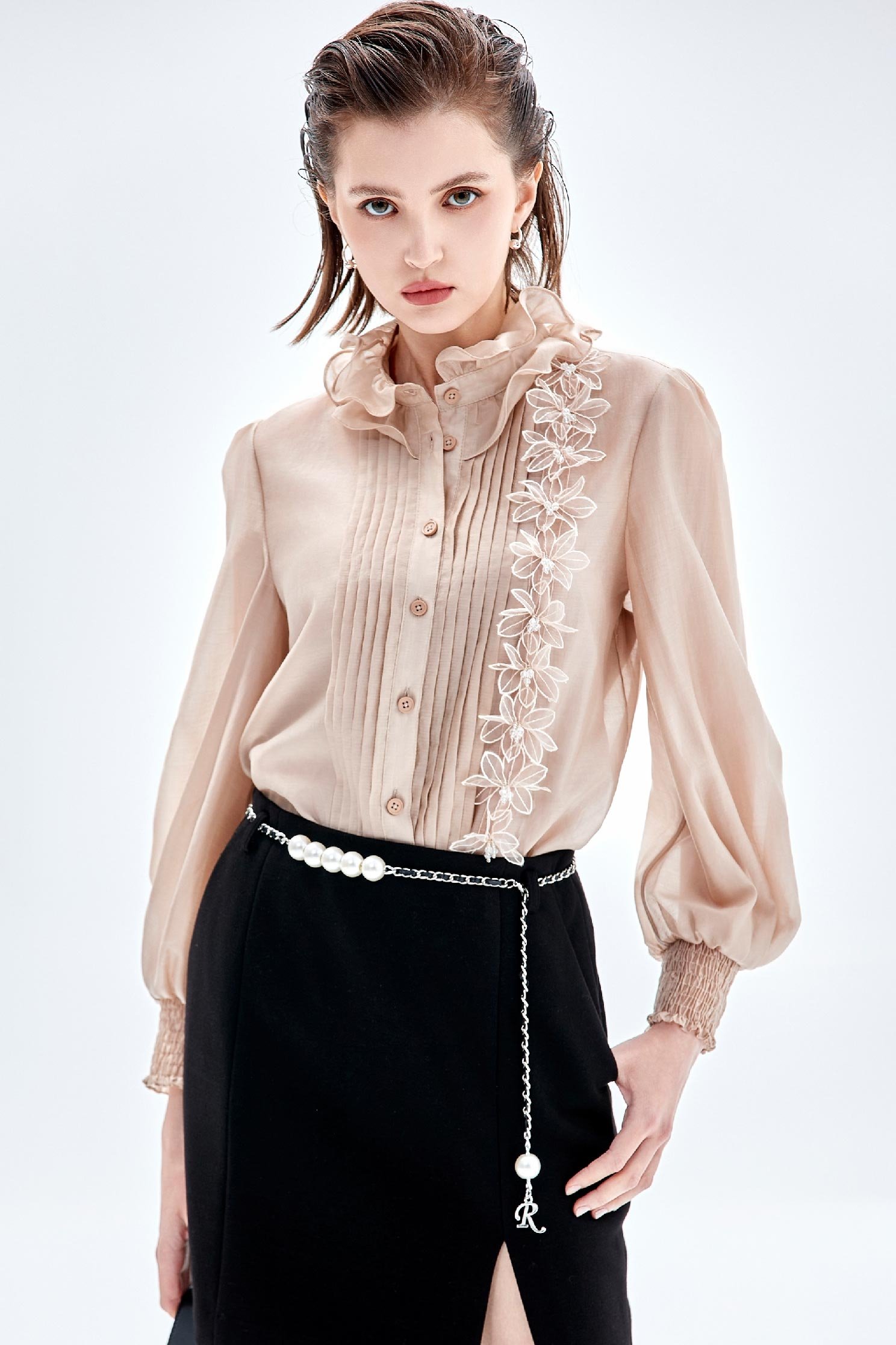 Ruffle Collar Blouse With Floral Lace DetailRuffle Collar Blouse With Floral Lace Detail,Tops,Season (AW) Look,Lace,Blouses