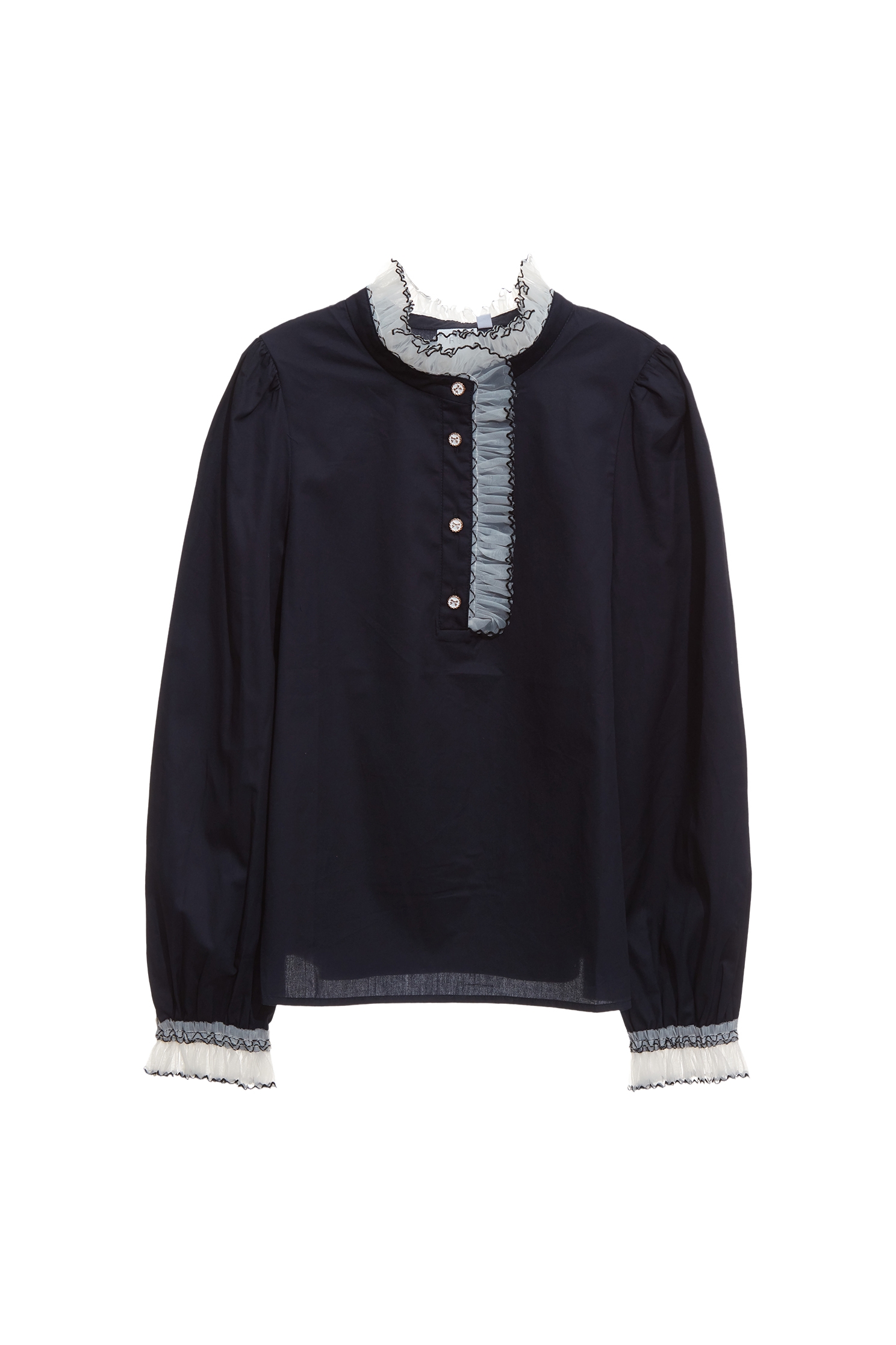 Navy Top With Contrast Ruffle DetailNavy Top With Contrast Ruffle Detail,Tops,Embroidered,Season (AW) Look,bows,Long sleeve tops