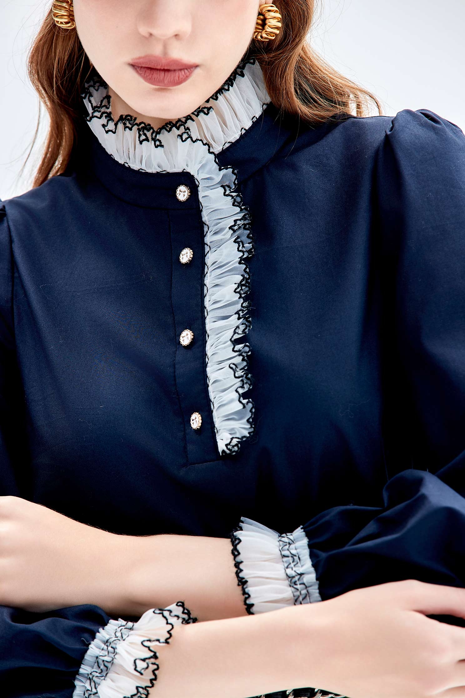 Navy Top With Contrast Ruffle DetailNavy Top With Contrast Ruffle Detail,Tops,Embroidered,Season (AW) Look,bows,Long sleeve tops