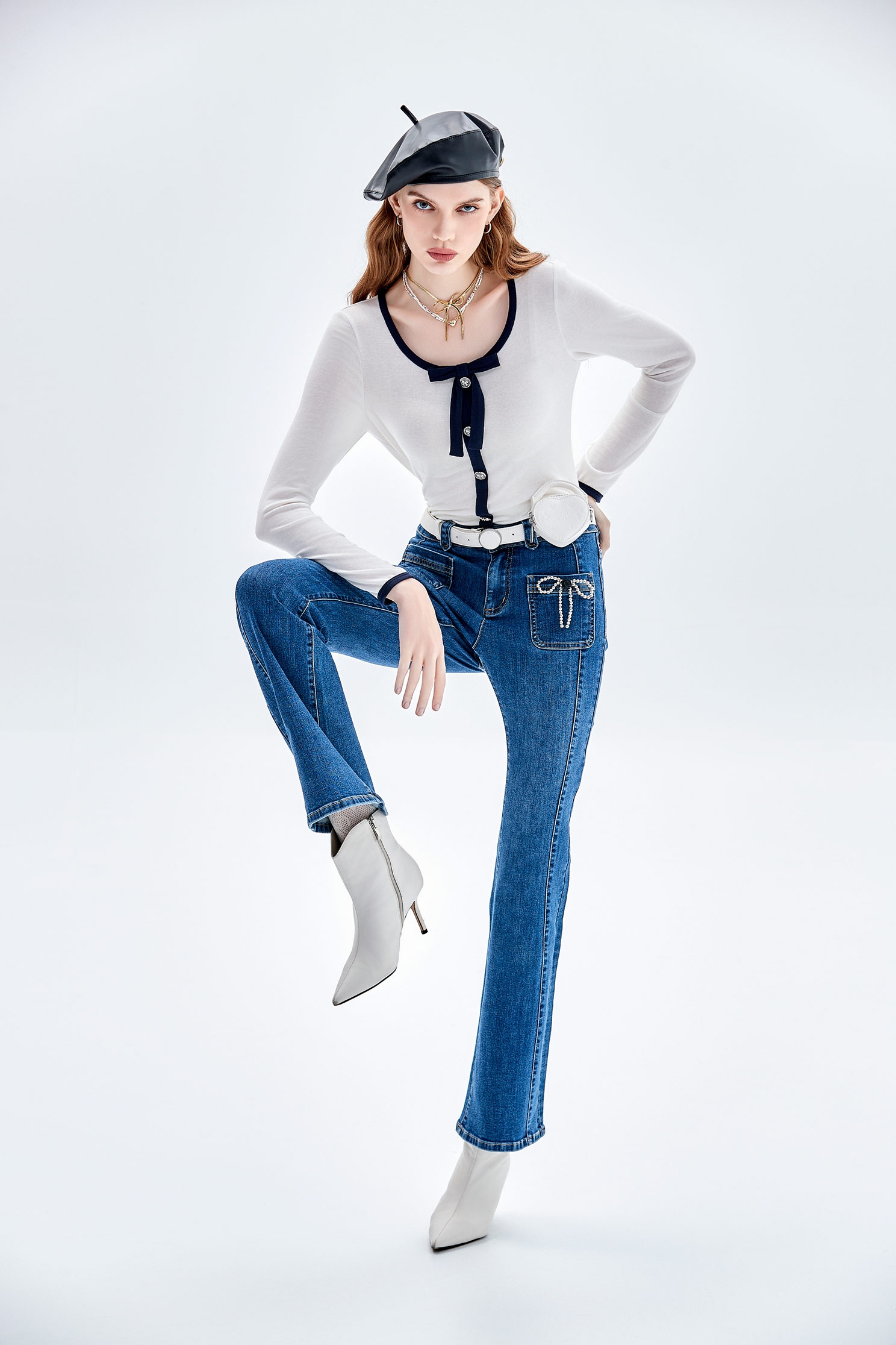 Contrast Navy Trim White TopContrast Navy Trim White Top,Tops,Season (AW) Look,Long sleeve tops