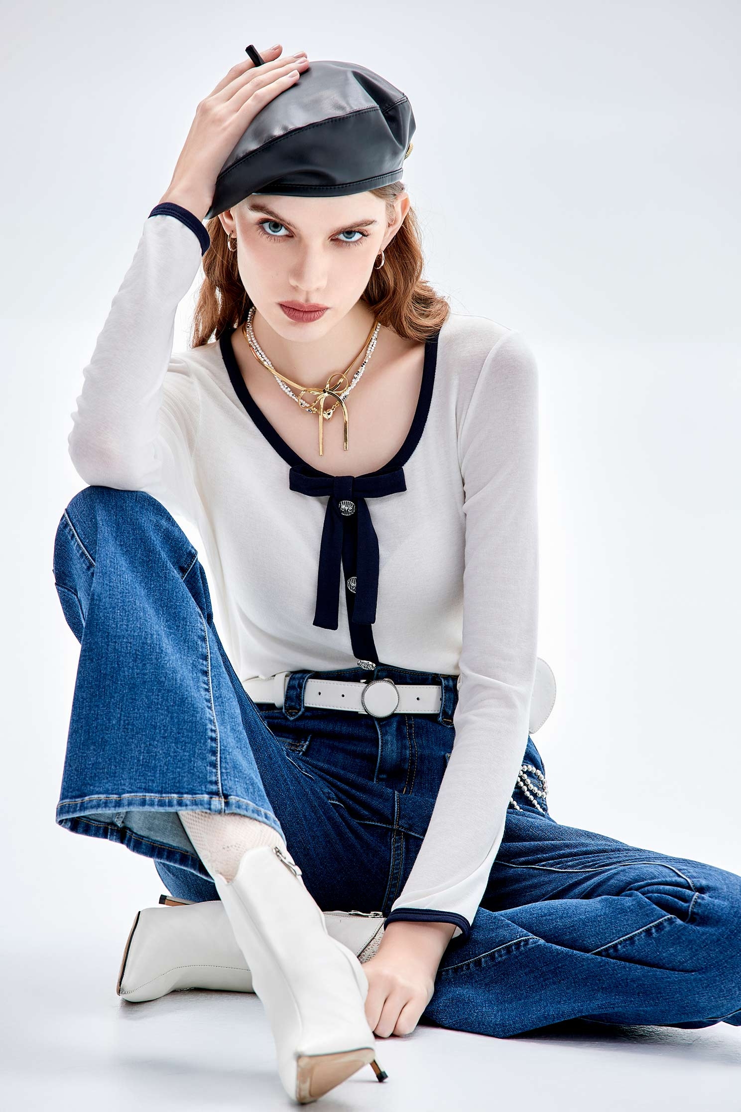 Contrast Navy Trim White TopContrast Navy Trim White Top,Tops,Season (AW) Look,Long sleeve tops