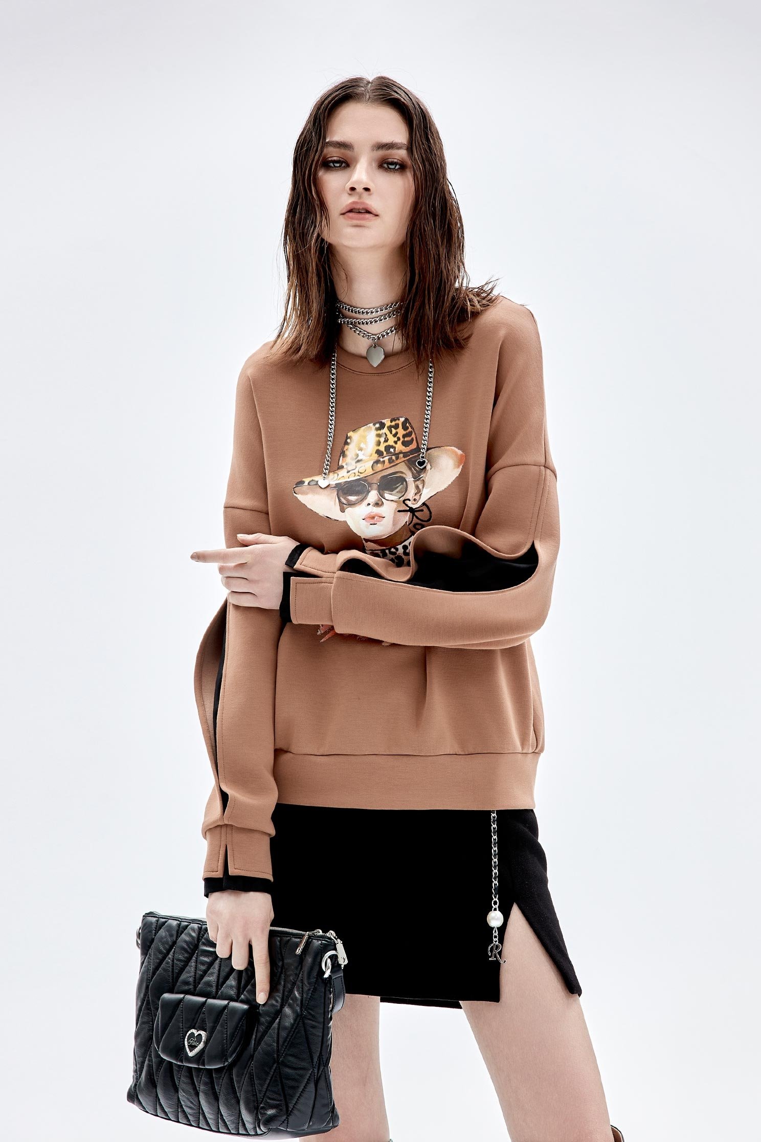 Front Graphic Top With Contrast Sleeve DetailFront Graphic Top With Contrast Sleeve Detail,Tops,Round neck tops,Season (AW) Look