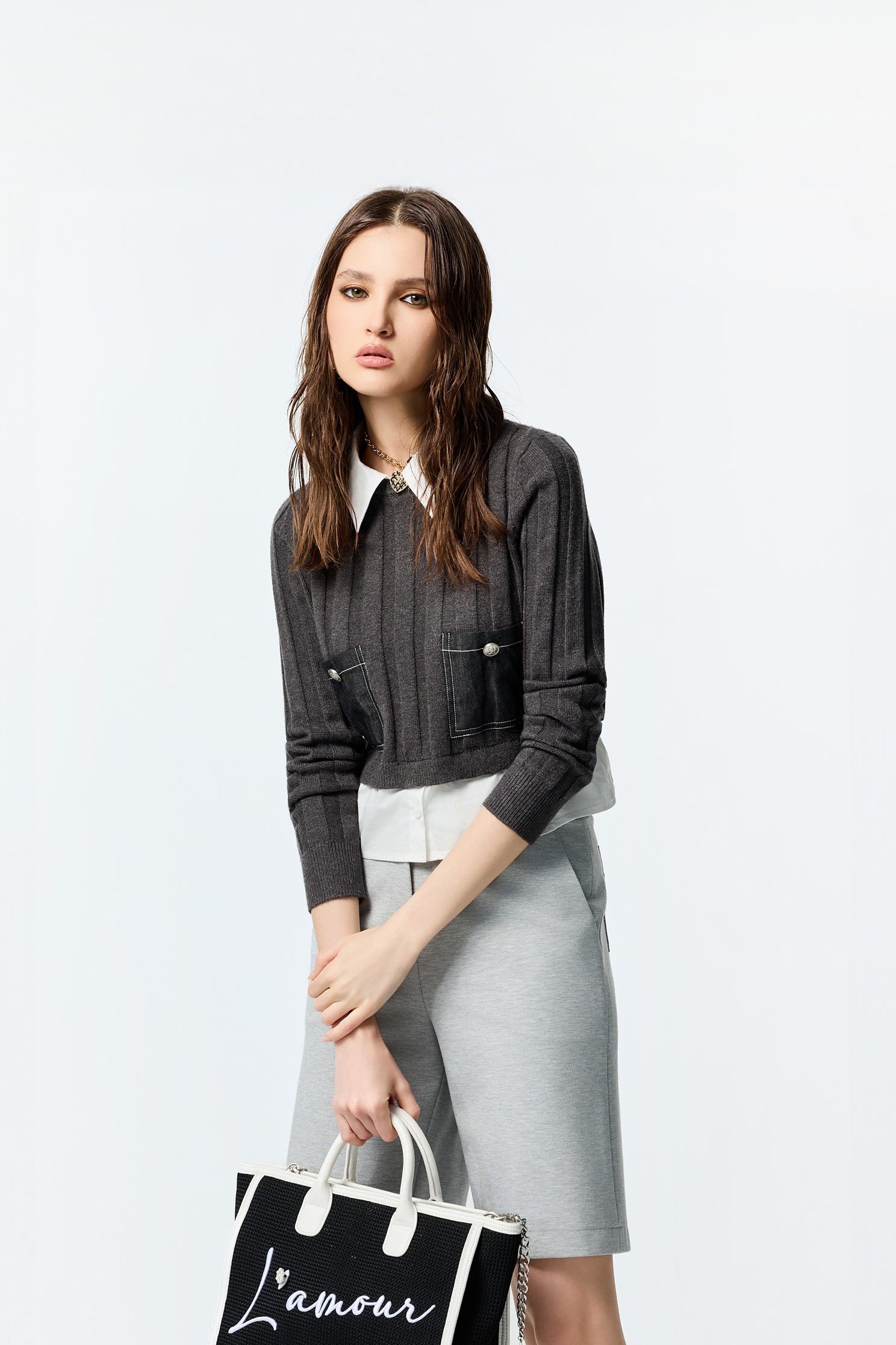 Fake Two Piece Grey Knit TopFake Two Piece Grey Knit Top,Tops,Season (AW) Look,Knitted,Knitted tops