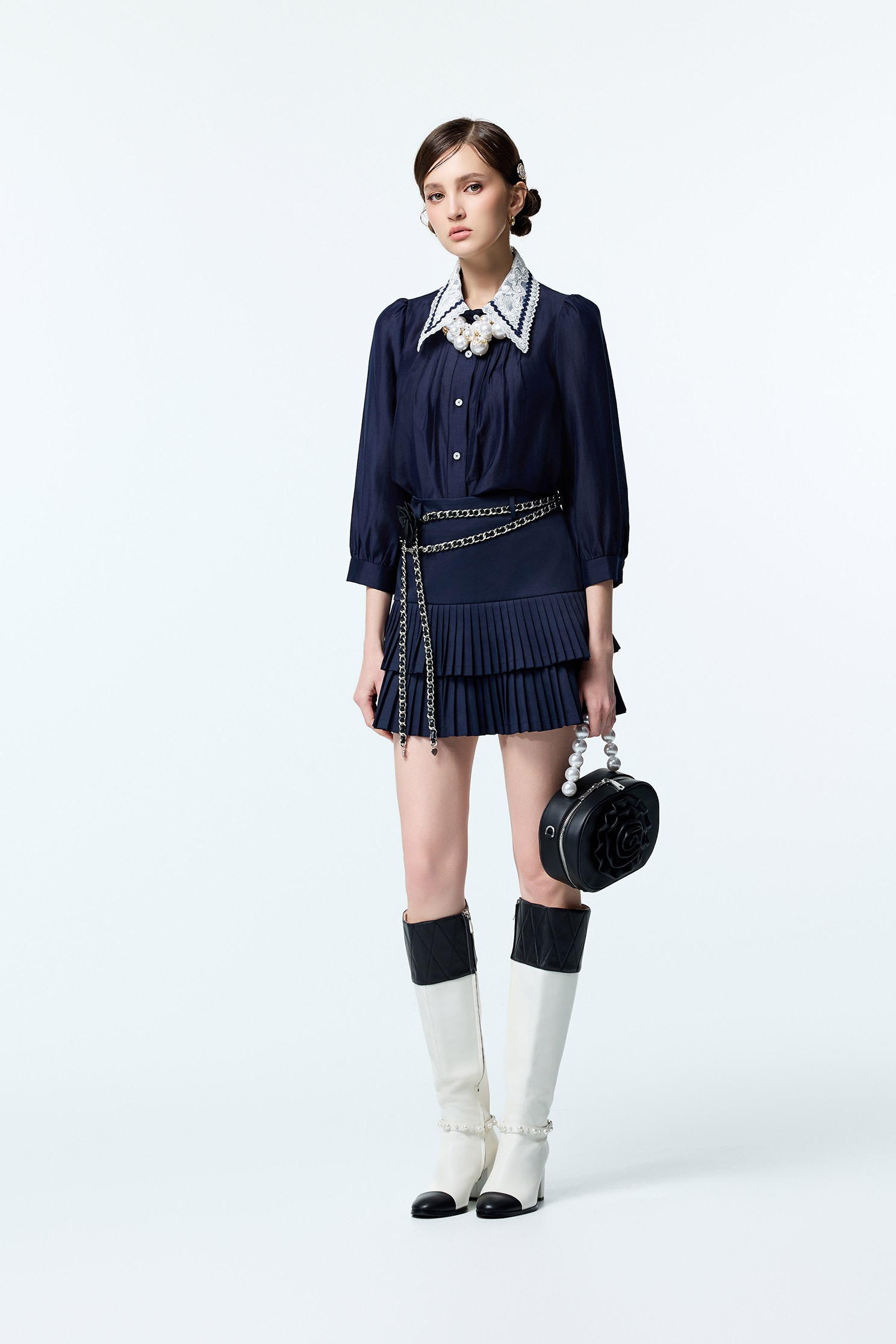 Navy Blouse With Contrast Lace Collar DetailNavy Blouse With Contrast Lace Collar Detail,Tops,Embroidered,Season (AW) Look,Blouses