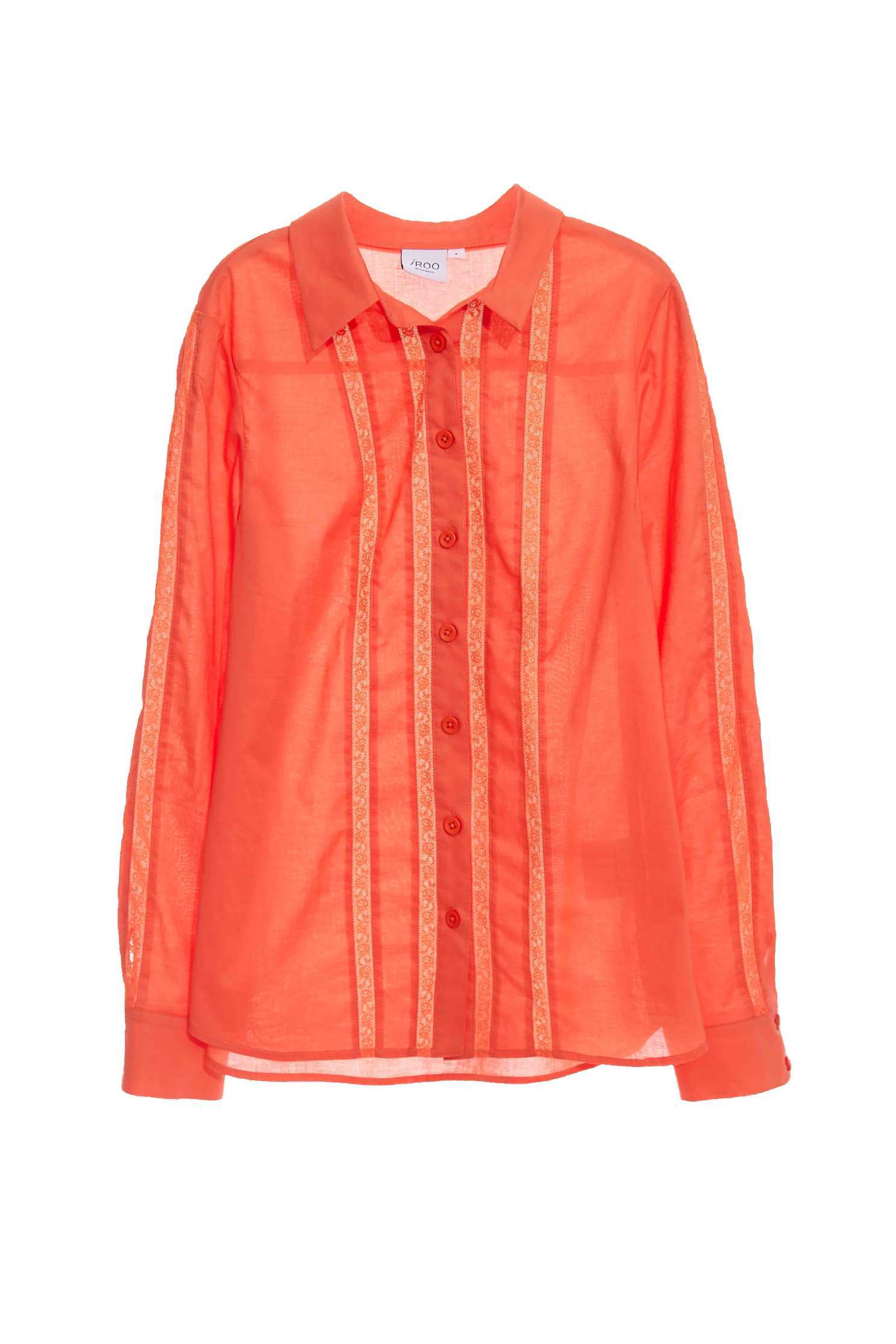 Orange Button Front Blouse With Lace Trim DetailOrange lace striped shirt,Tops,Embroidered,mothergift,Party Looks,Season (AW) Look,Lace,Blouses