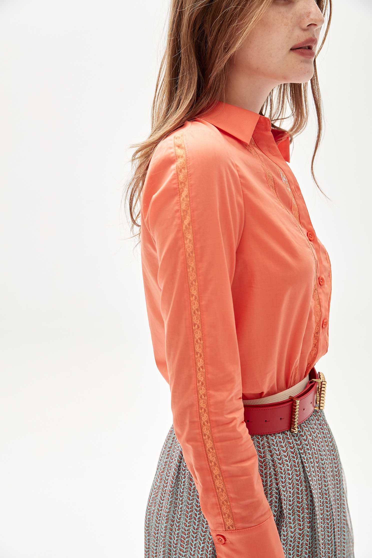 Orange Button Front Blouse With Lace Trim DetailOrange lace striped shirt,Tops,Embroidered,mothergift,Party Looks,Season (AW) Look,Lace,Blouses