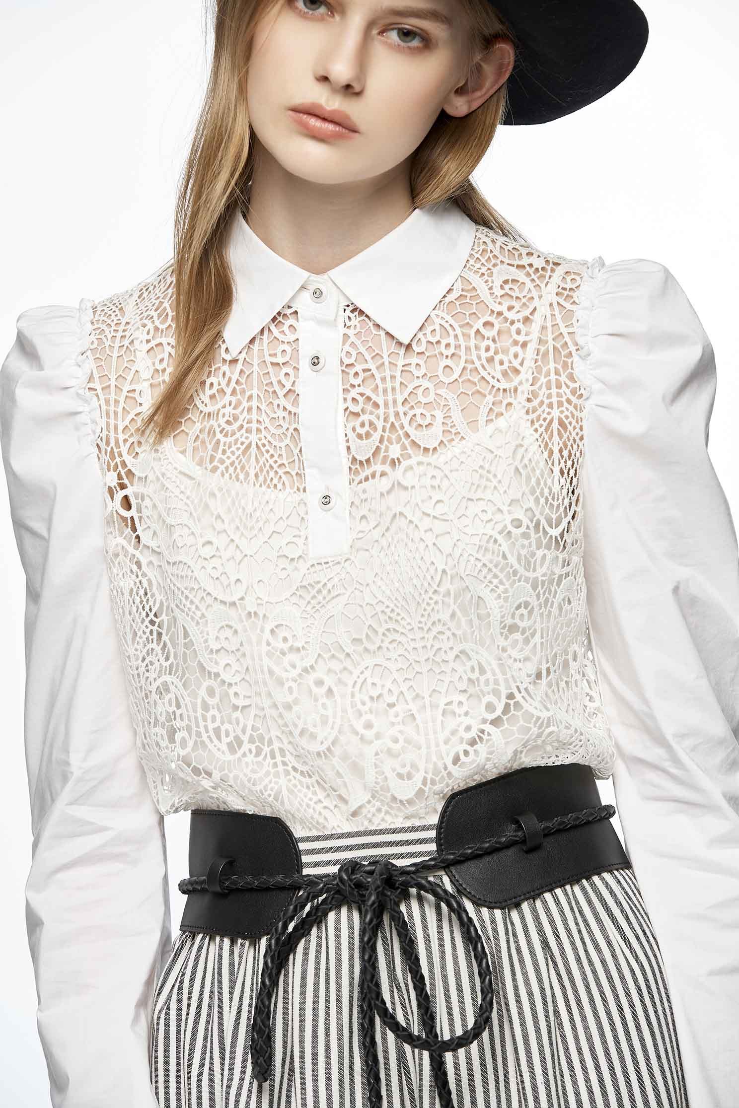 Half Button Lace Blouse With Puff SleevesGigot sleeves lace top,Tops,Under shirts,Embroidered,Queen,mothergift,Season (AW) Look,Lace,Lace tops,Blouses