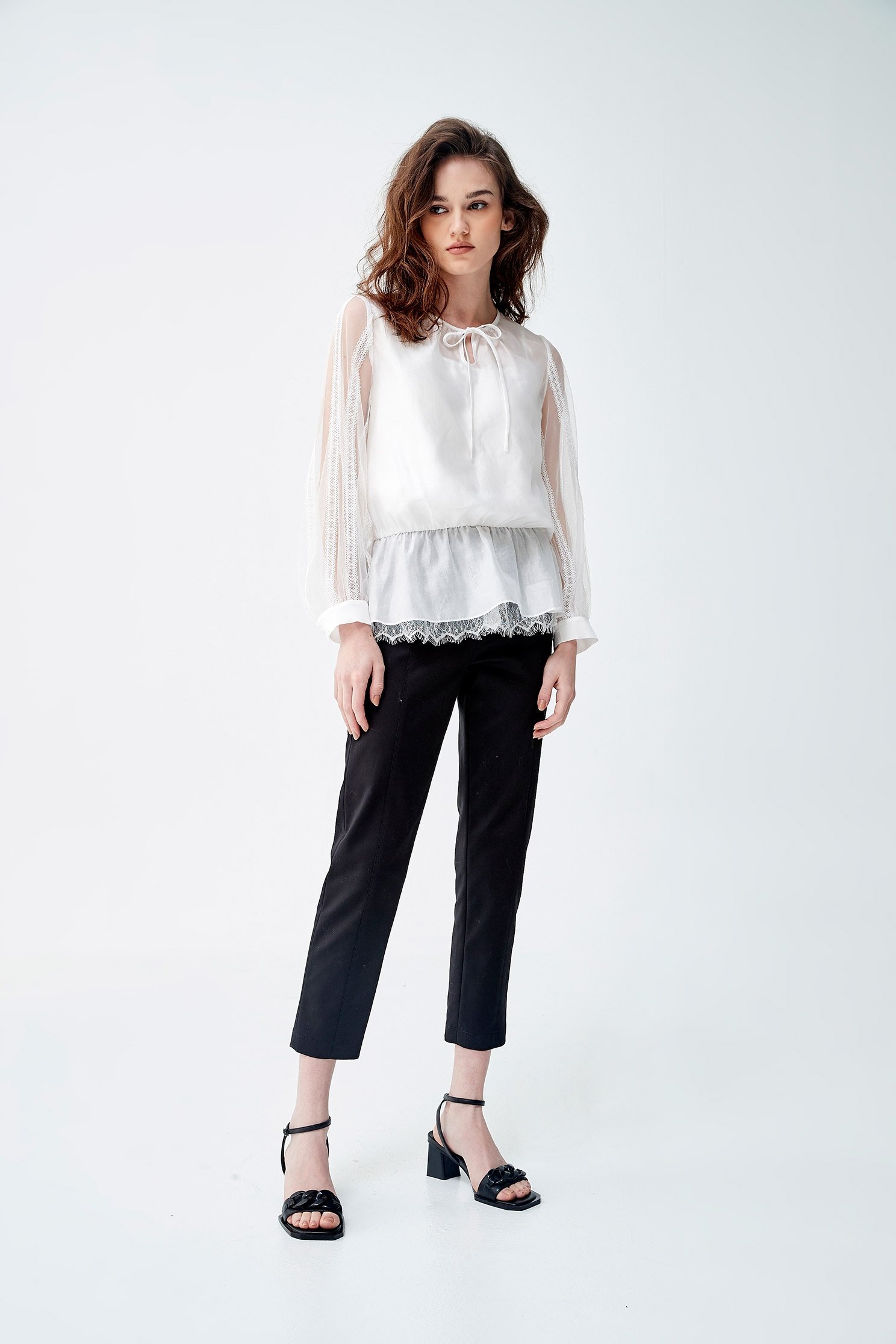 Basic Organza Top With Sleeve Lace DetailTop with transparent lace sleeves,Tops,Season (SS) Look,Lace,Lace tops