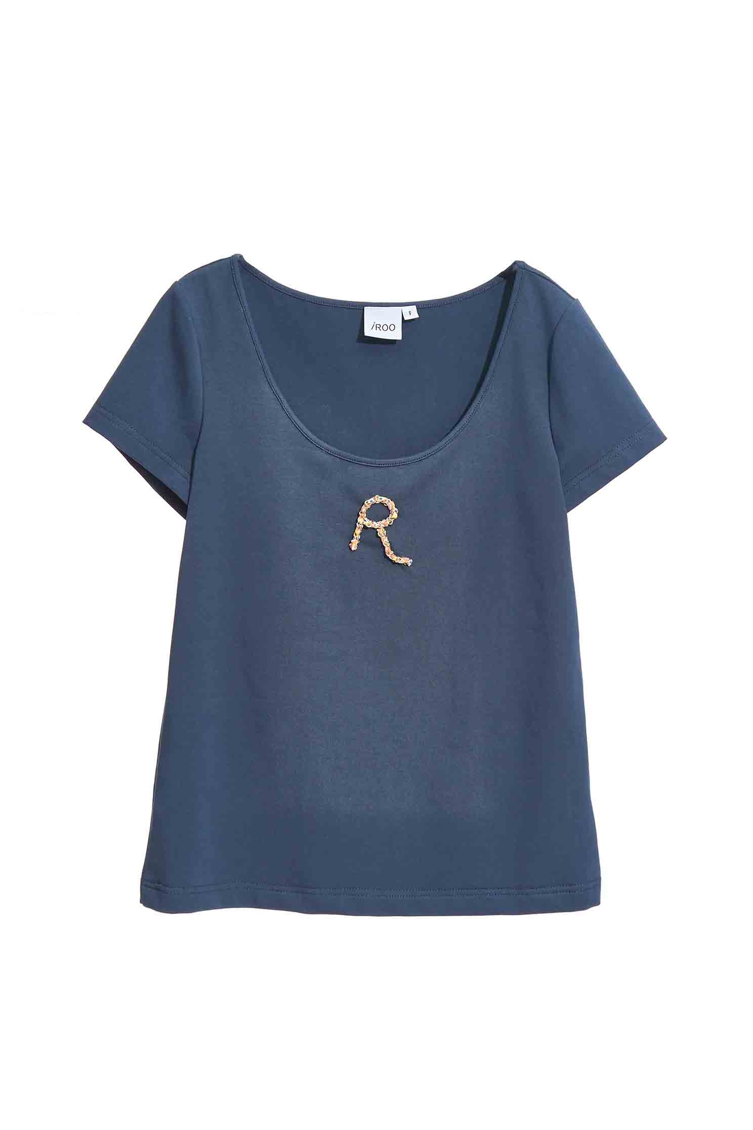 Basic Blue Tee With Wide NecklineT-shirt top with handmade letter design,T-shirts,T-shirts,Tops,Season (SS) Look