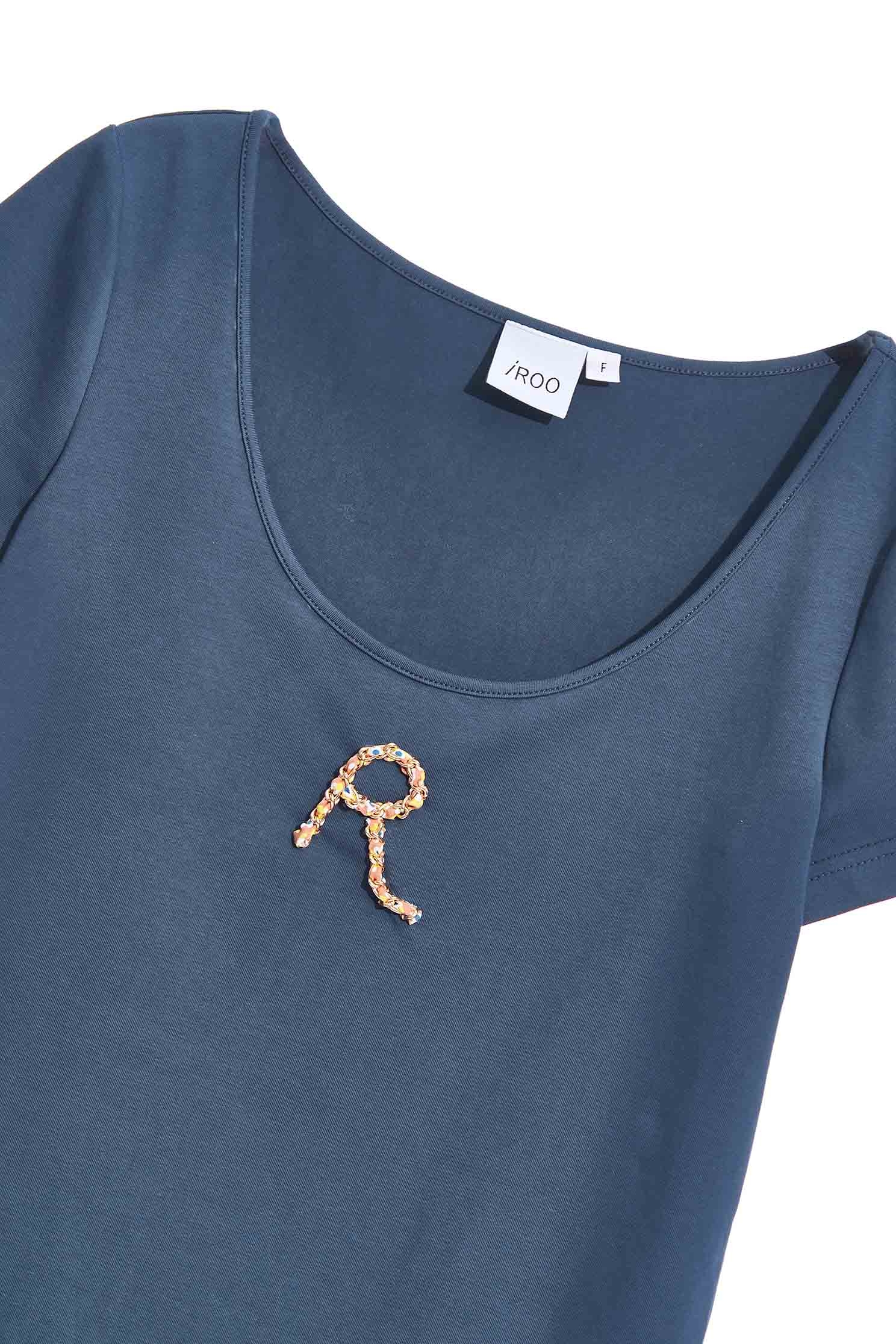 Basic Blue Tee With Wide NecklineT-shirt top with handmade letter design,T-shirts,T-shirts,Tops,Season (SS) Look