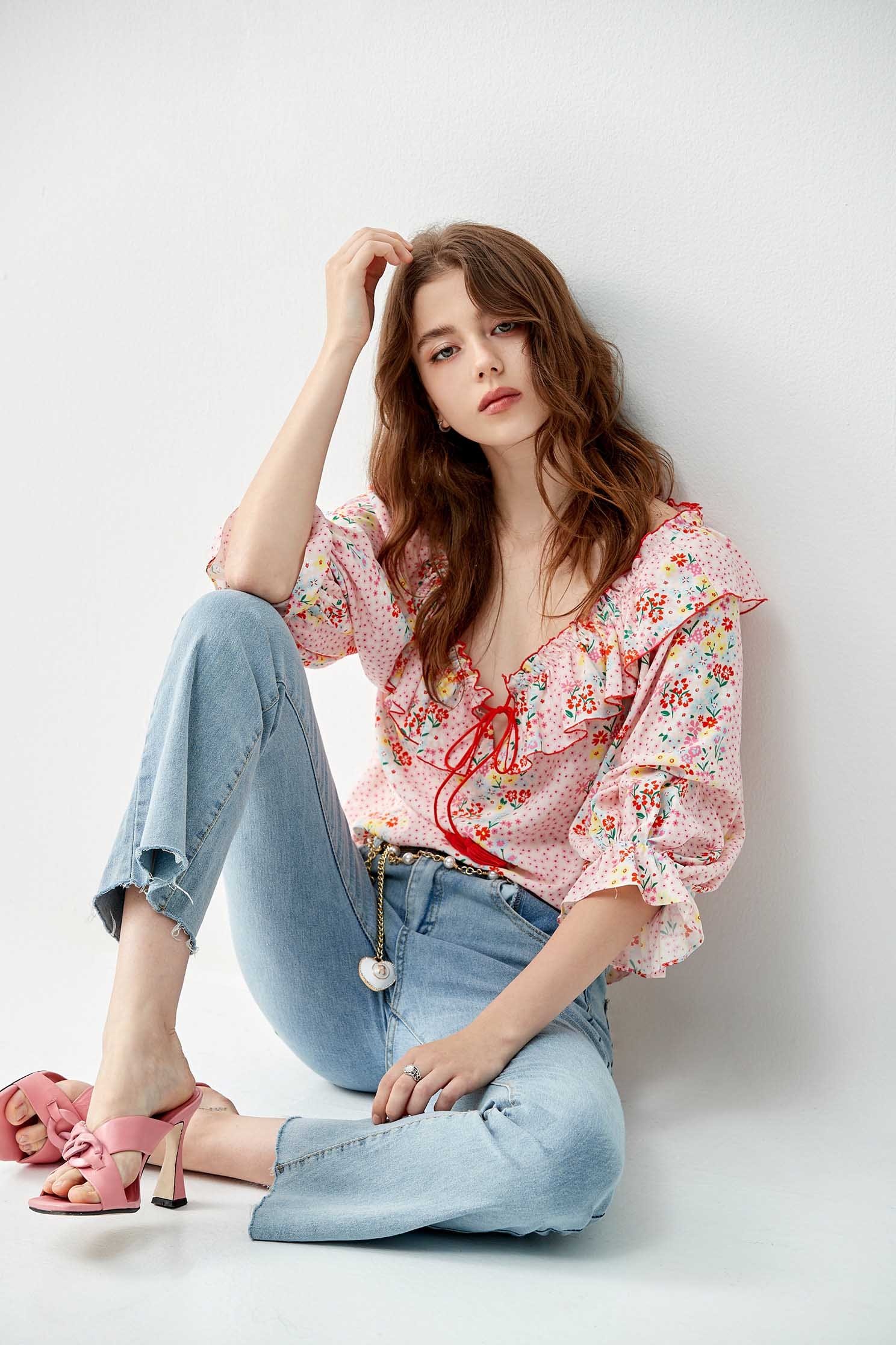 Floral With Dotted Print Contrast Ruffle BlouseFlowy top with Rosa laevigata print,Tops,bestselling,Season (SS) Look,fashionart