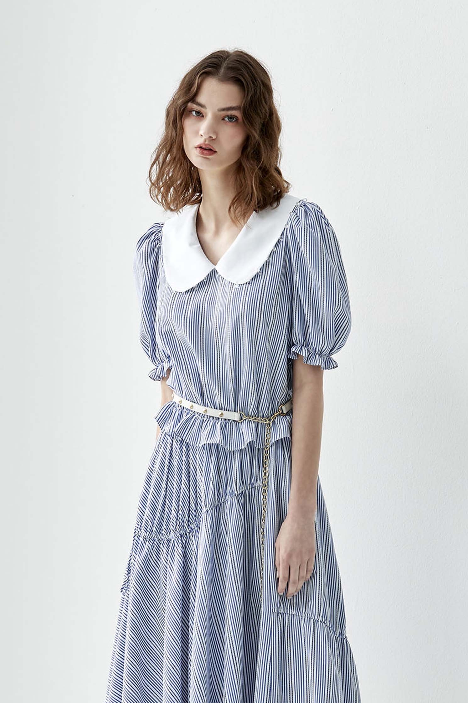 Blue Pinstripe Peter Pan Collar TopStriped embroidered top,Tops,Embroidered,Season (SS) Look,Stripe