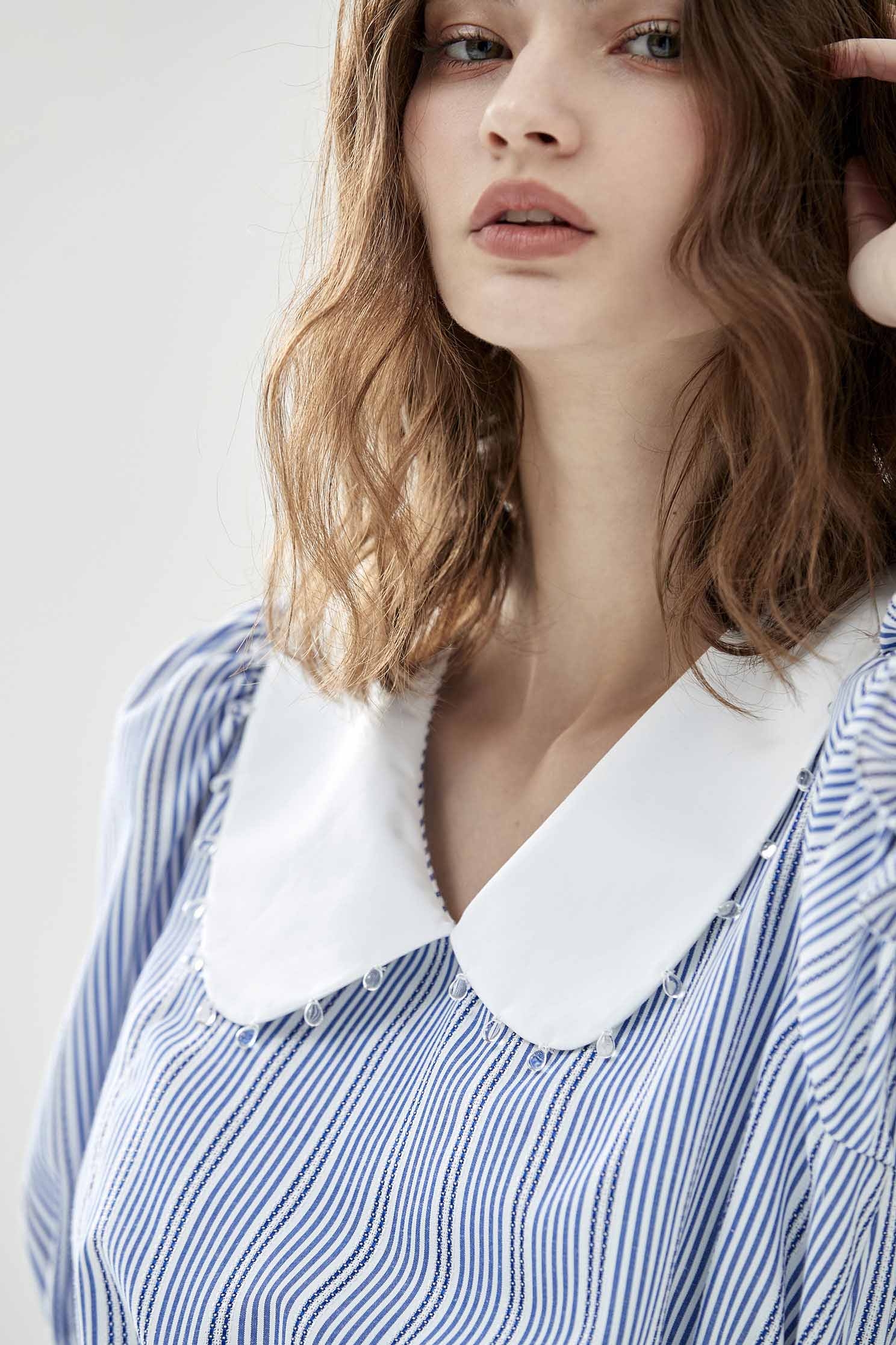 Blue Pinstripe Peter Pan Collar TopStriped embroidered top,Tops,Embroidered,Season (SS) Look,Stripe