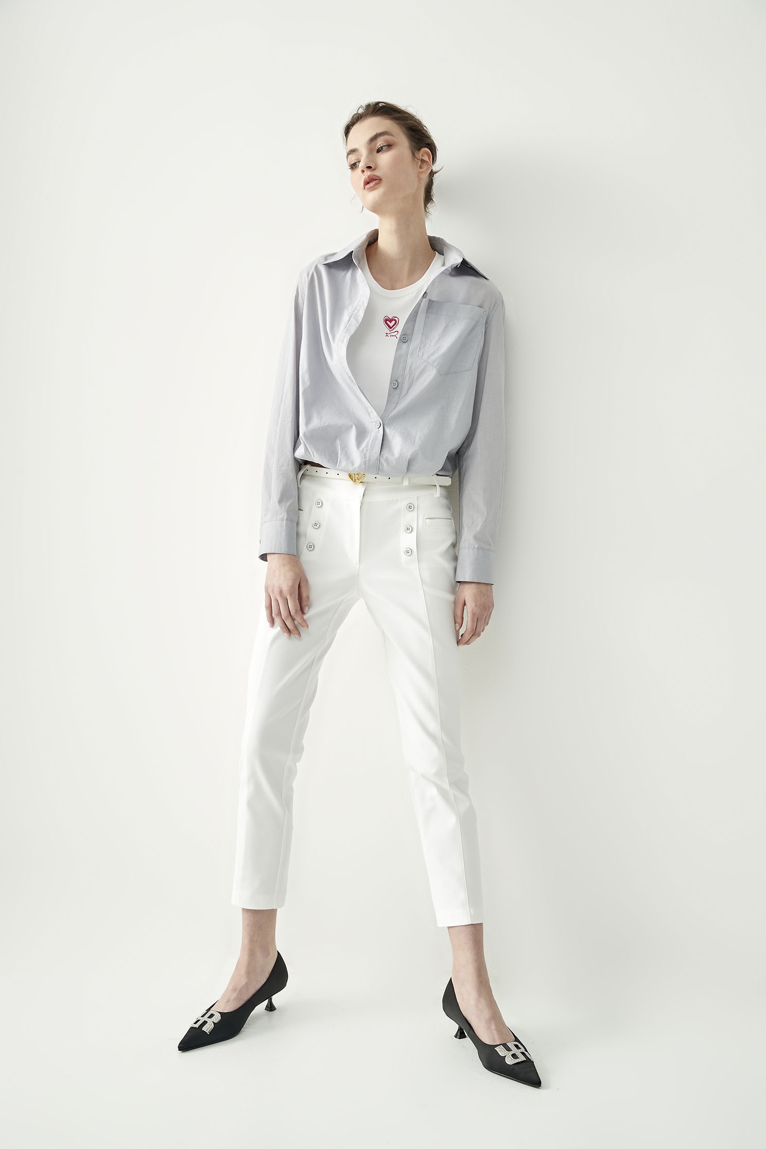 Two Piece Grey Button Front BlouseLayered-look shirt,T-shirts,Office Looks,Tops,Embroidered,Season (SS) Look,simple outfits,Back To Classic,Blouses,upperclass,Back To B/W