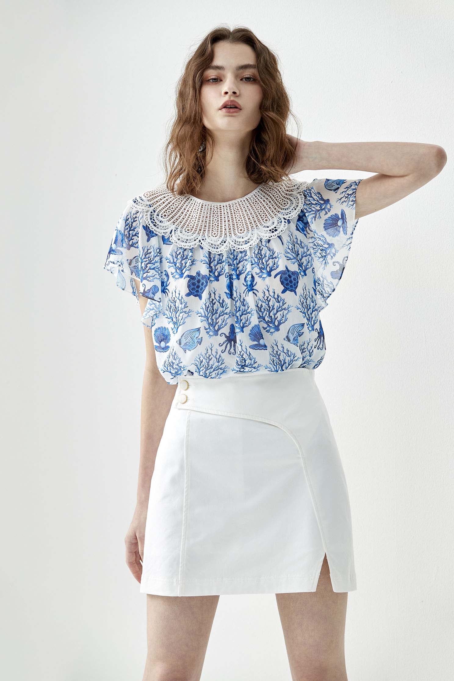 Ocean Theme Printed Top With Hollow Out Lace CollarChiffon top with ocean world print,Tops,bestselling,Season (SS) Look,Lace,Chiffon,Chiffon tops