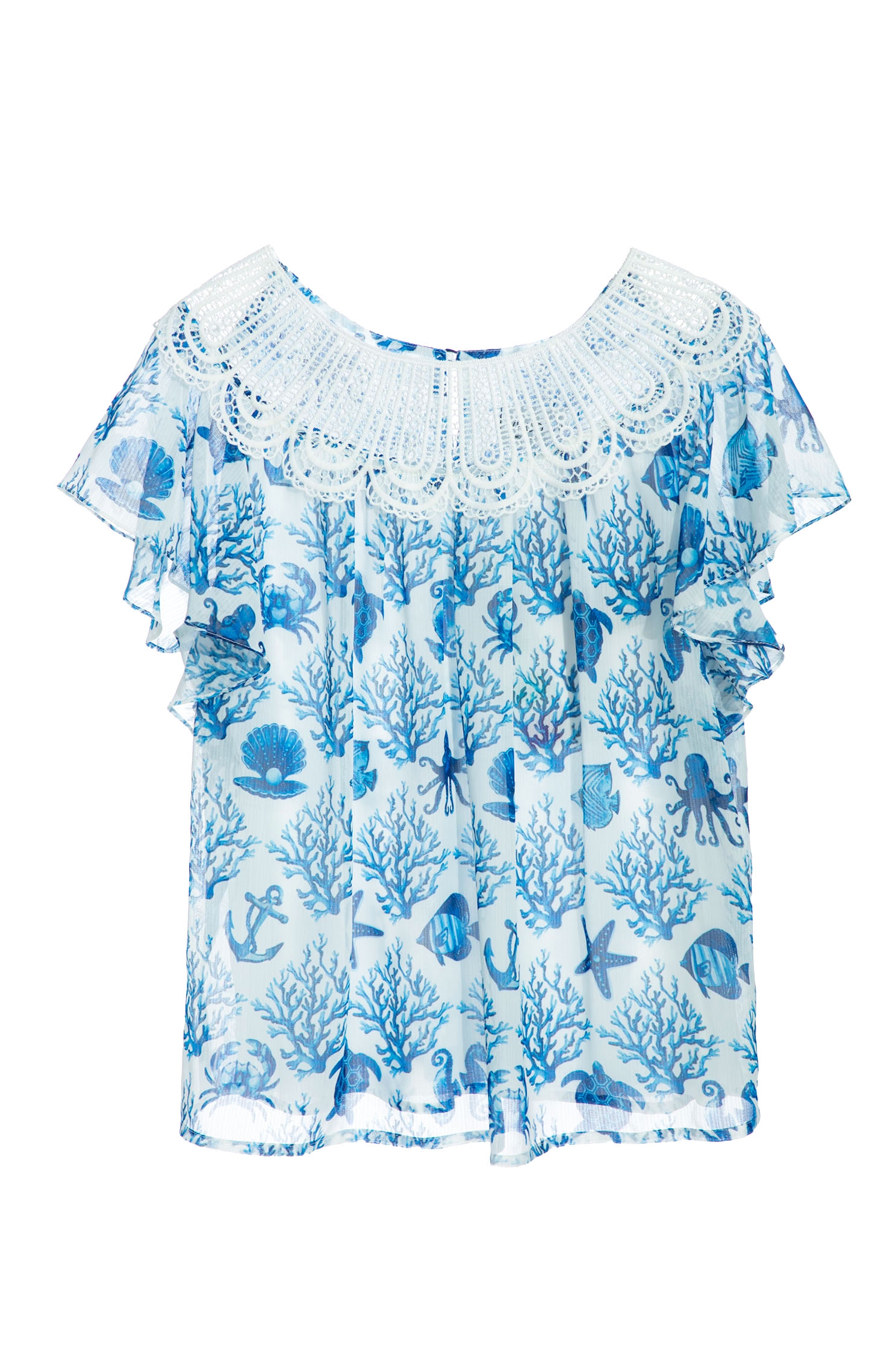 Ocean Theme Printed Top With Hollow Out Lace CollarChiffon top with ocean world print,Tops,bestselling,Season (SS) Look,Lace,Chiffon,Chiffon tops