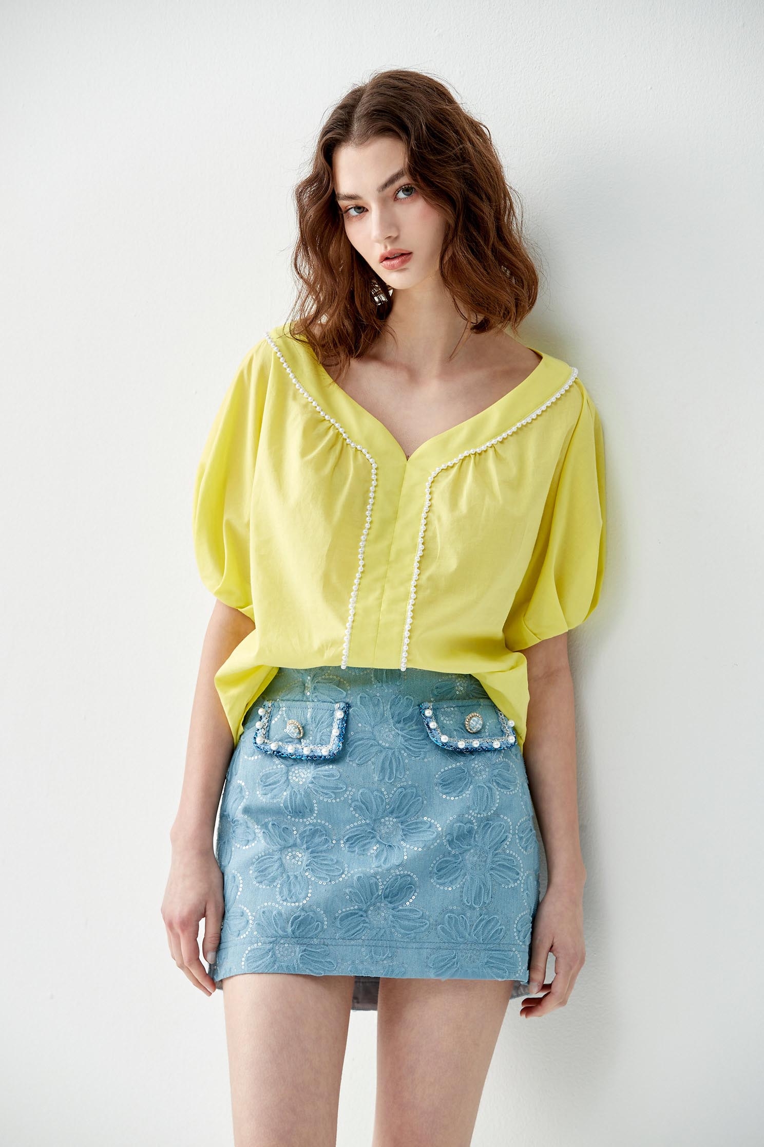 Wide Neckline Yellow Top With Pearl AppliqueTop with pearl collar,Tops,Season (SS) Look,pearl