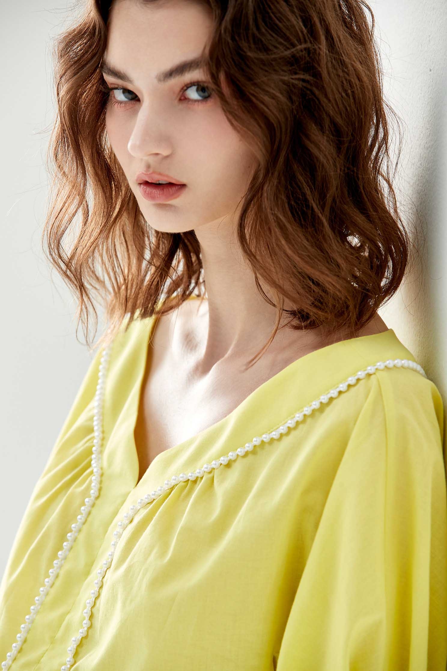 Wide Neckline Yellow Top With Pearl AppliqueTop with pearl collar,Tops,Season (SS) Look,pearl