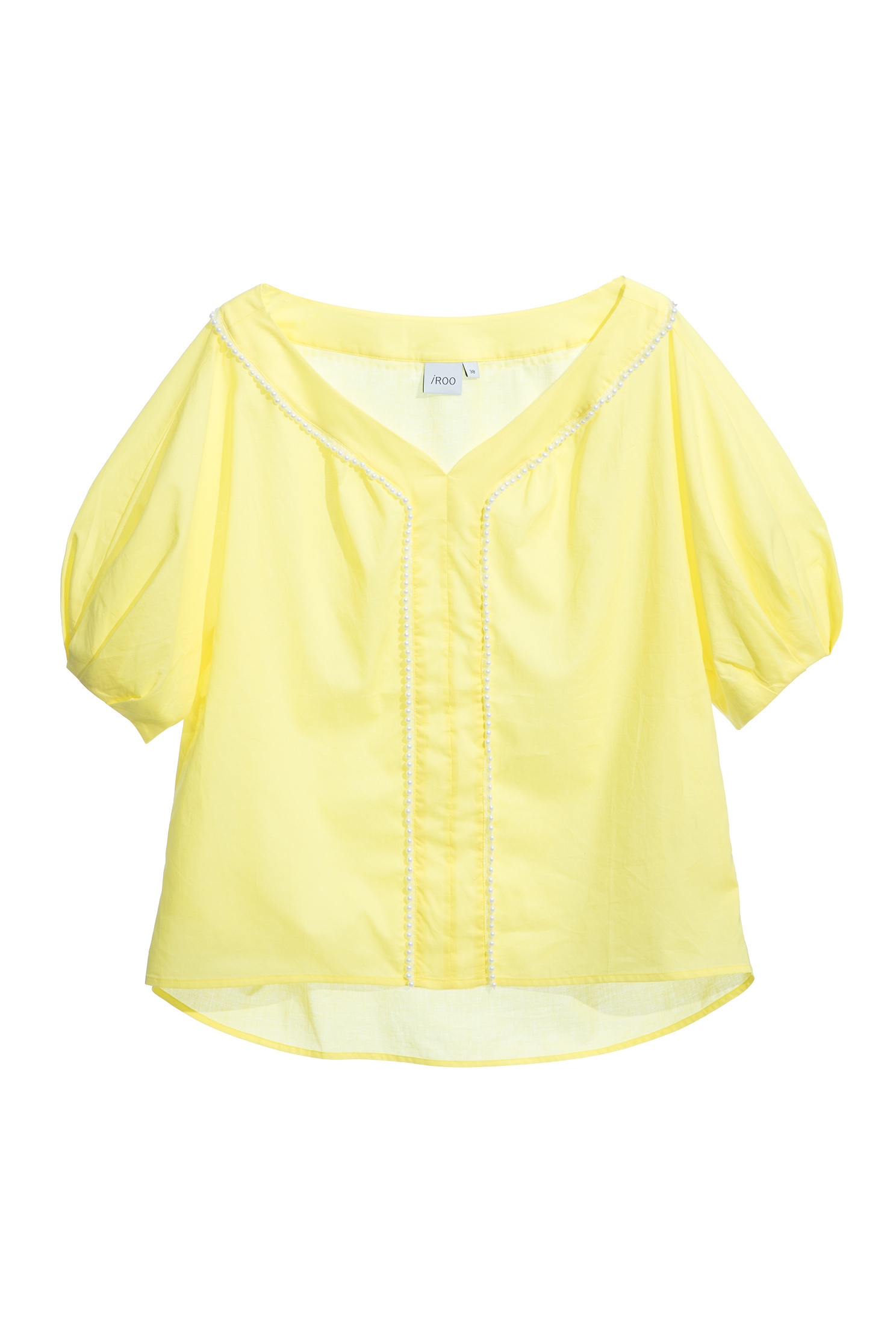 Wide Neckline Yellow Top With Pearl AppliqueTop with pearl collar,Tops,Season (SS) Look,pearl