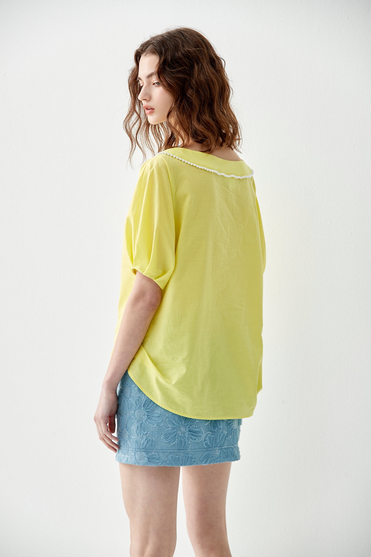 Wide Neckline Yellow Top With Pearl AppliqueTop with pearl collar,Tops,Season (SS) Look,pearl