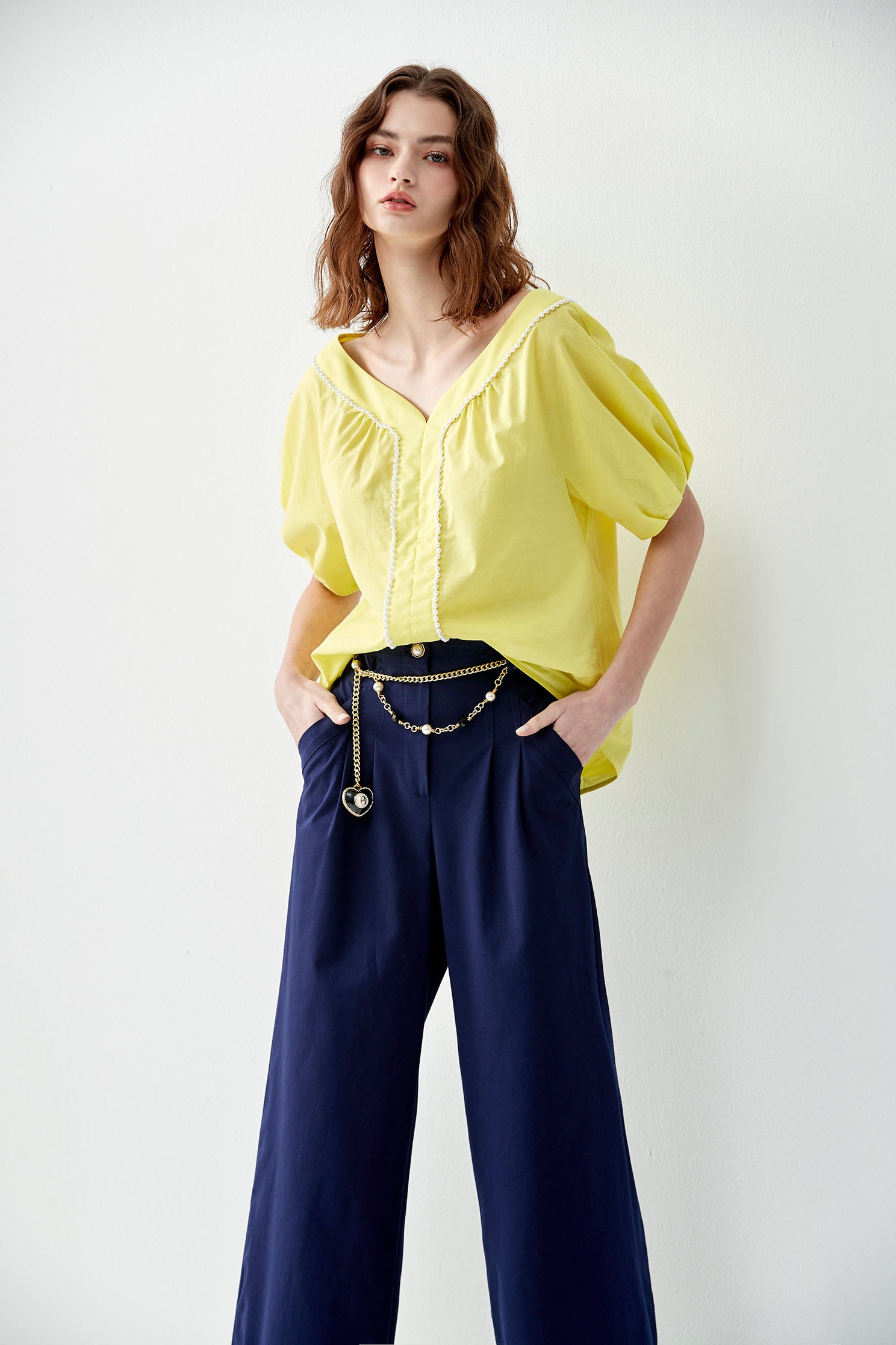 Wide Neckline Yellow Top With Pearl AppliqueTop with pearl collar,Tops,Season (SS) Look,pearl