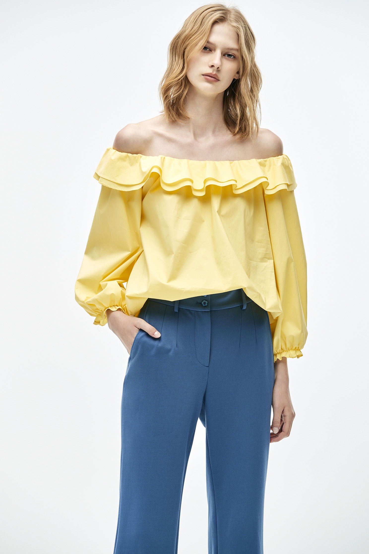 Flounce Collar Yellow TopTop with ruffled design,Tops,Season (SS) Look,Cotton,fashionart