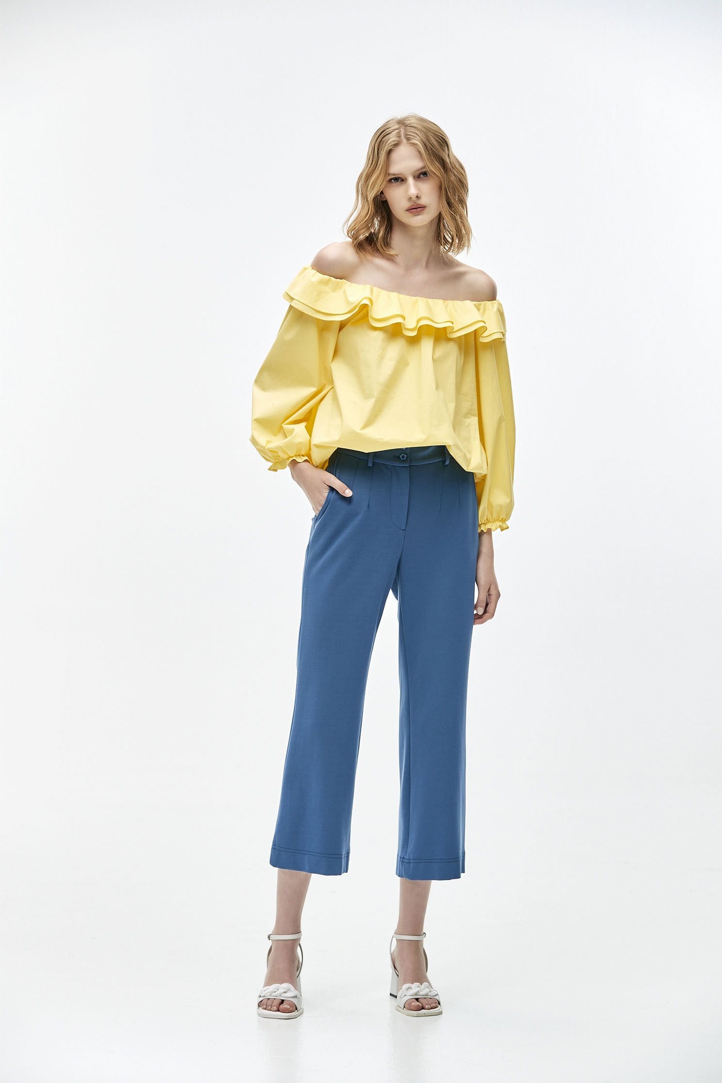 Flounce Collar Yellow TopTop with ruffled design,Tops,Season (SS) Look,Cotton,fashionart